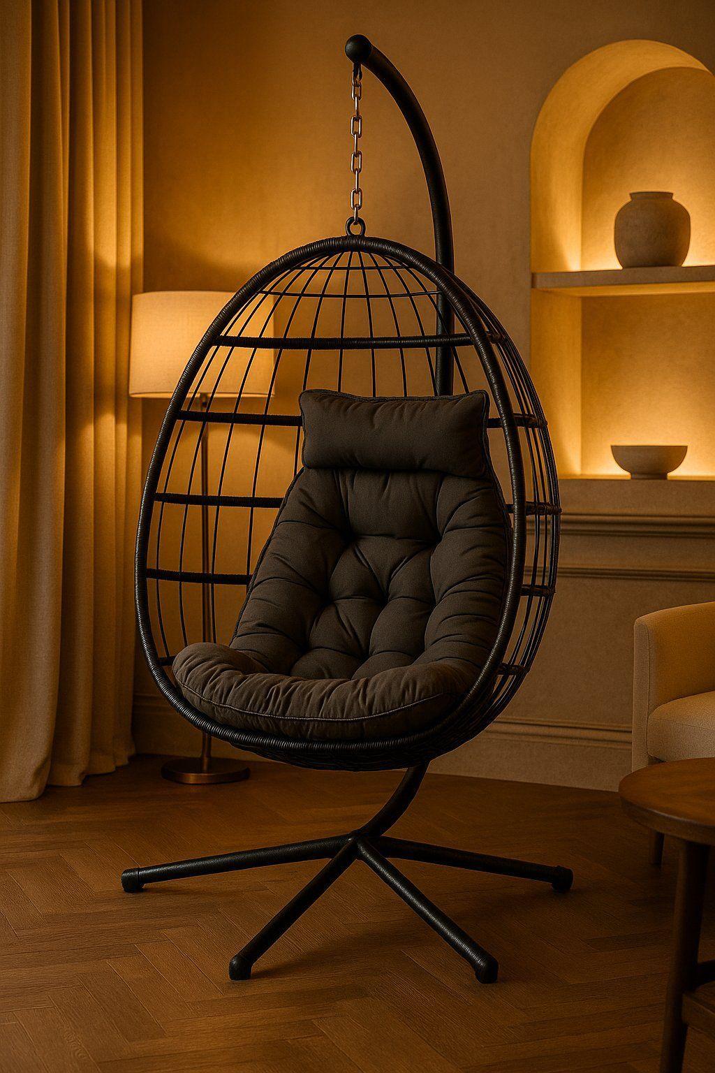 Silla Colgante de Ratán Negra Diseño Moderno y Resistente para Interior/Exterior-2