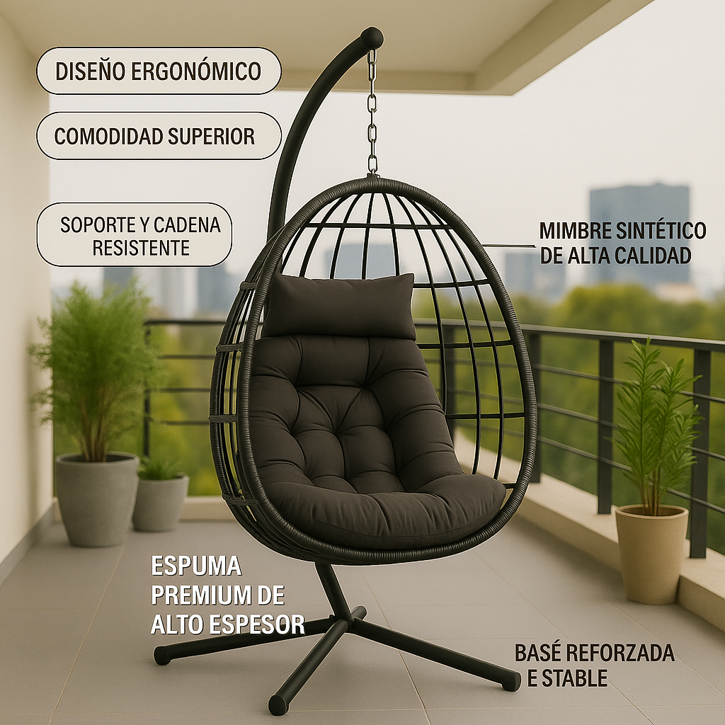 Silla Colgante de Ratán Negra Diseño Moderno y Resistente para Interior/Exterior-6