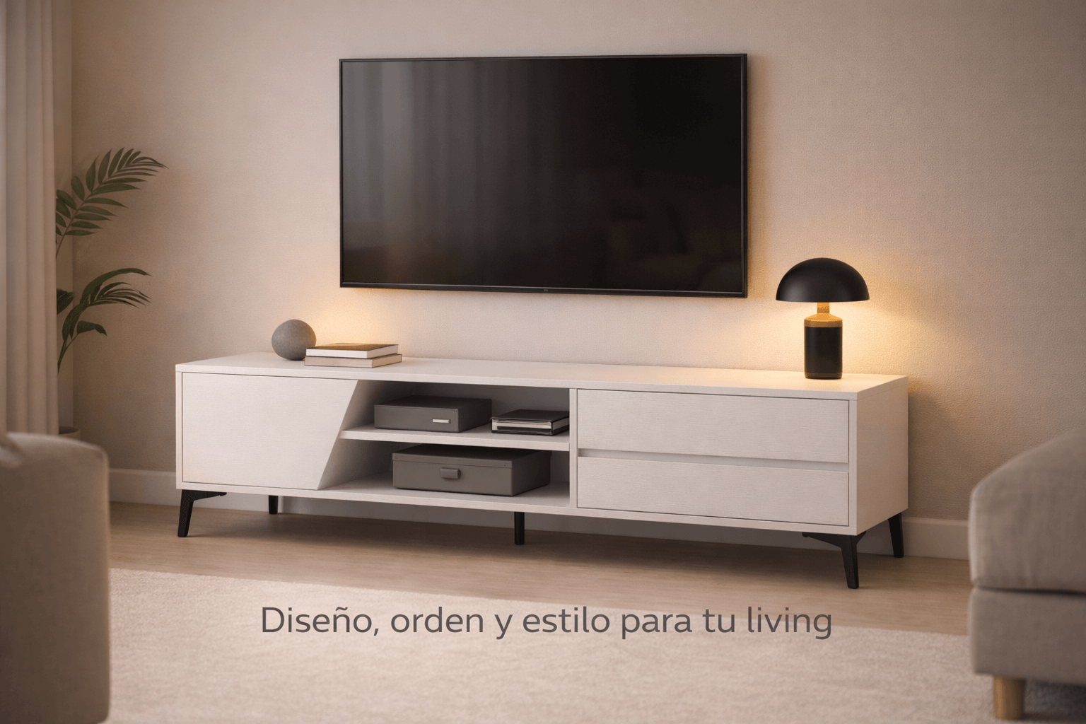Rack TV Blanco hasta 55”  con Puertas y Estantes Funcionales-1