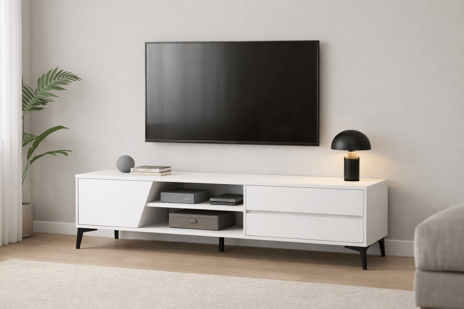 Rack TV Blanco hasta 55”  con Puertas y Estantes Funcionales-2