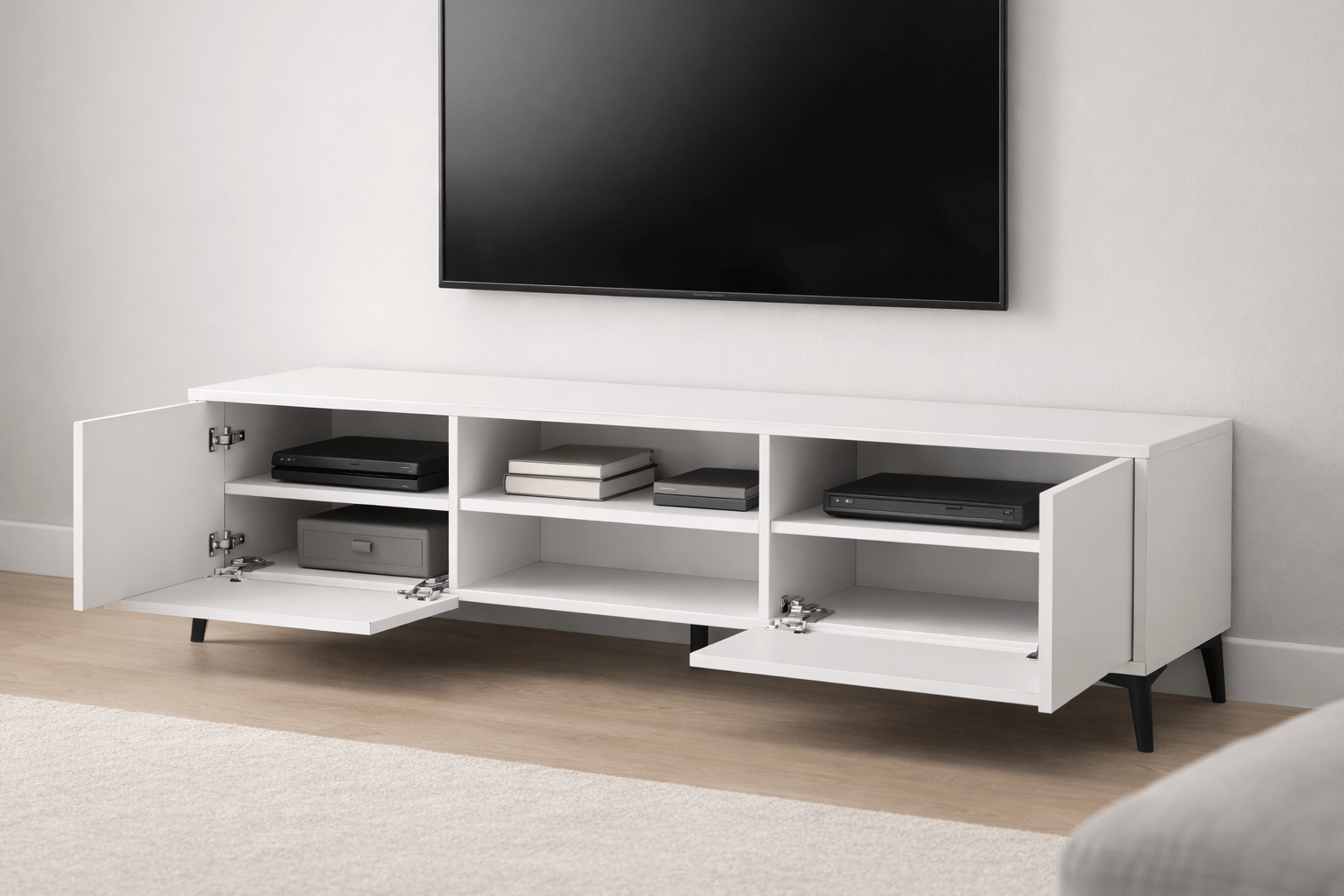 Rack TV Blanco hasta 55”  con Puertas y Estantes Funcionales-3