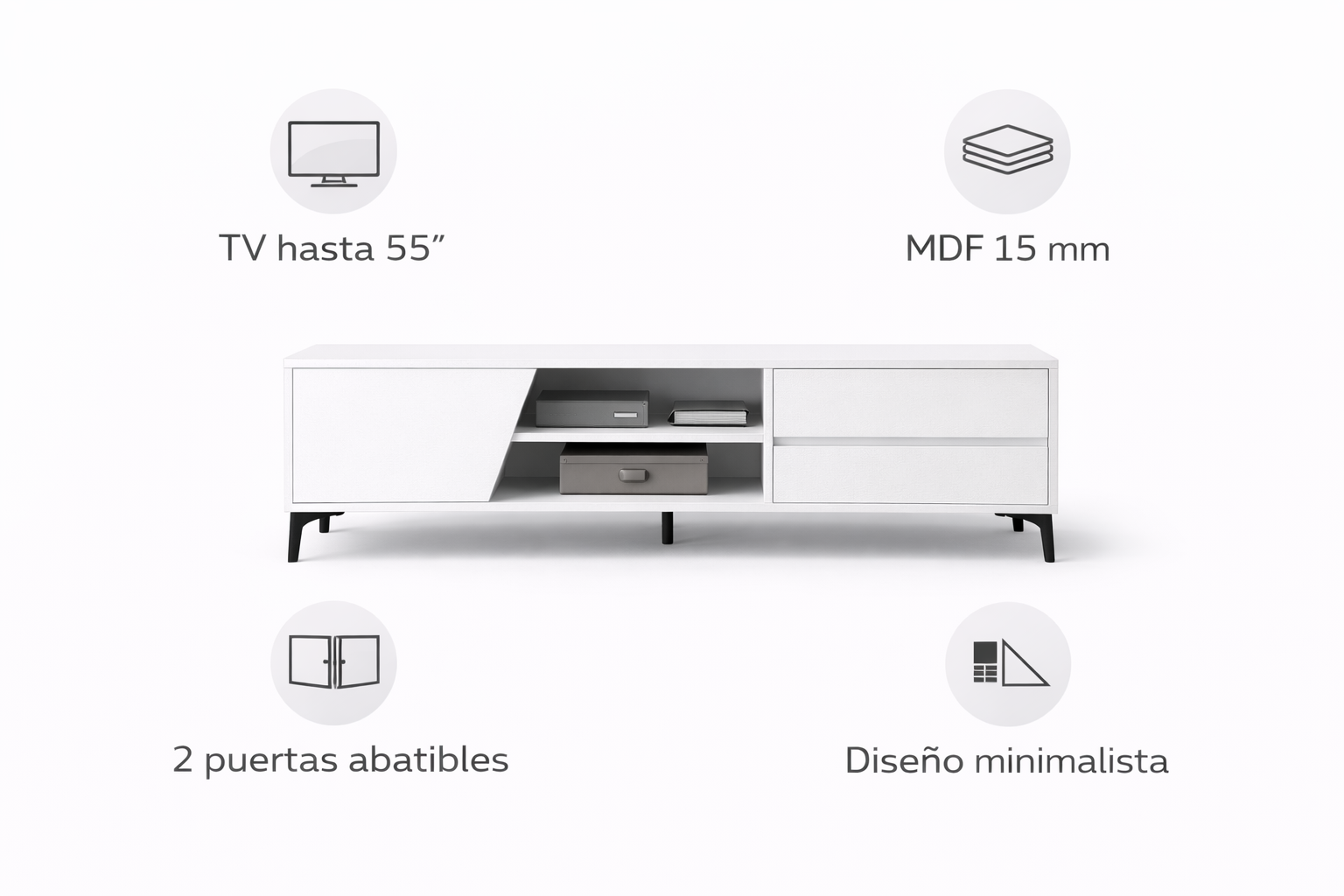 Rack TV Blanco hasta 55”  con Puertas y Estantes Funcionales-7