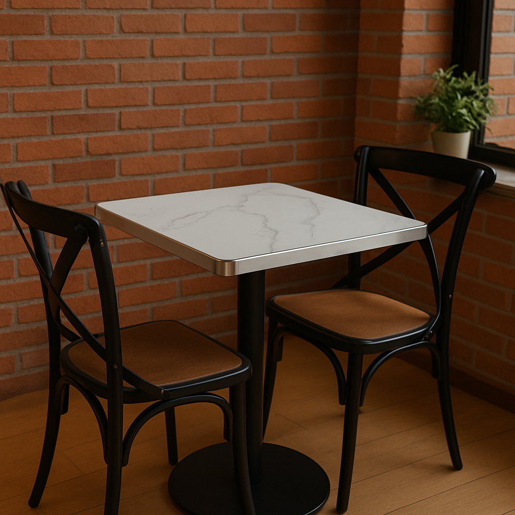 Mesa Cuadrada 70×70 Estilo Mármol Blanco con Detalles Plateados y Base Negra Premium-4