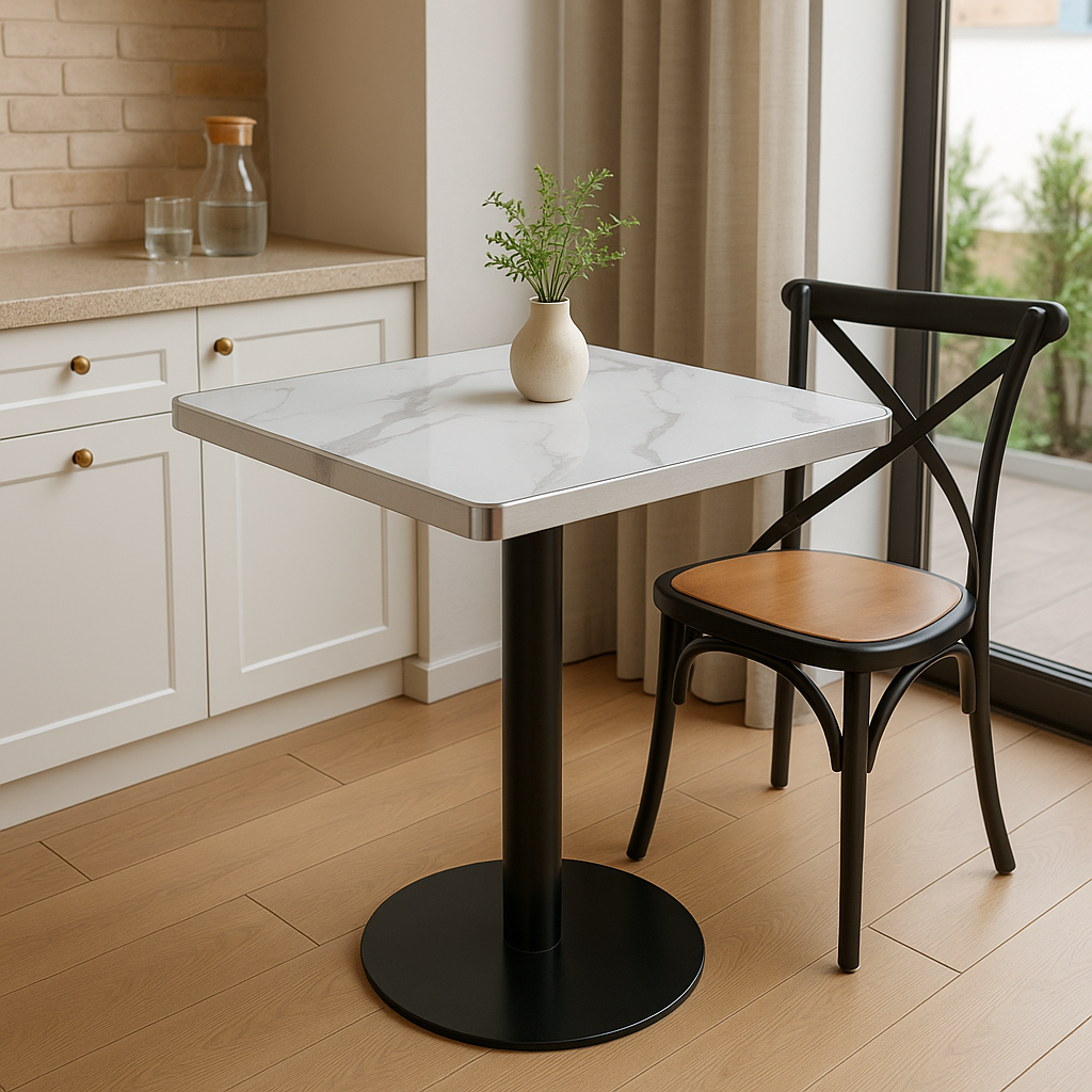 Mesa Cuadrada 70×70 Estilo Mármol Blanco con Detalles Plateados y Base Negra Premium-5