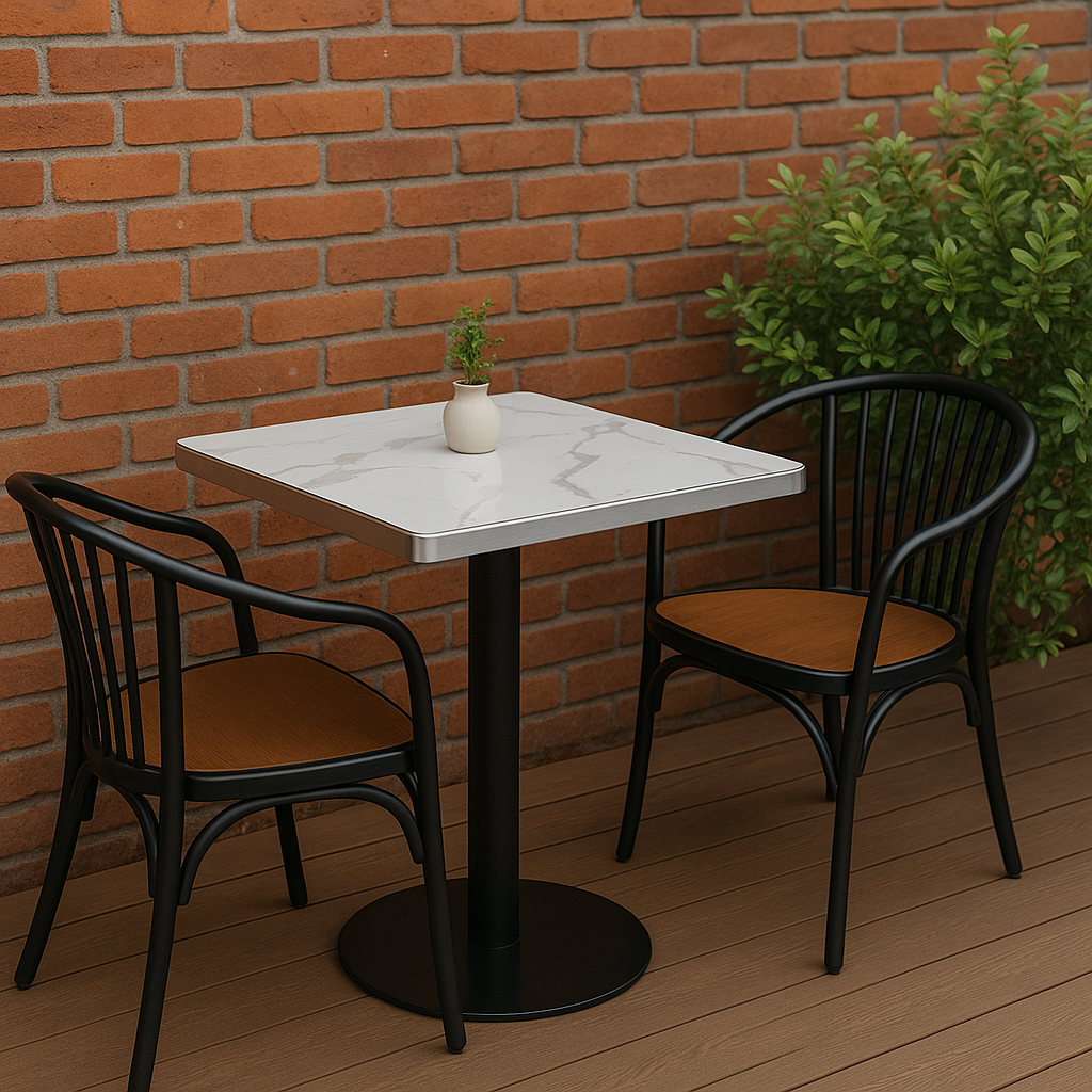 Mesa Cuadrada 70×70 Estilo Mármol Blanco con Detalles Plateados y Base Negra Premium-6