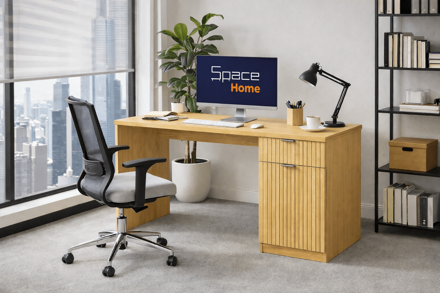 Escritorio Moderno 120 cm Madera Natural Melamina PB E1 Con Almacenamiento-2