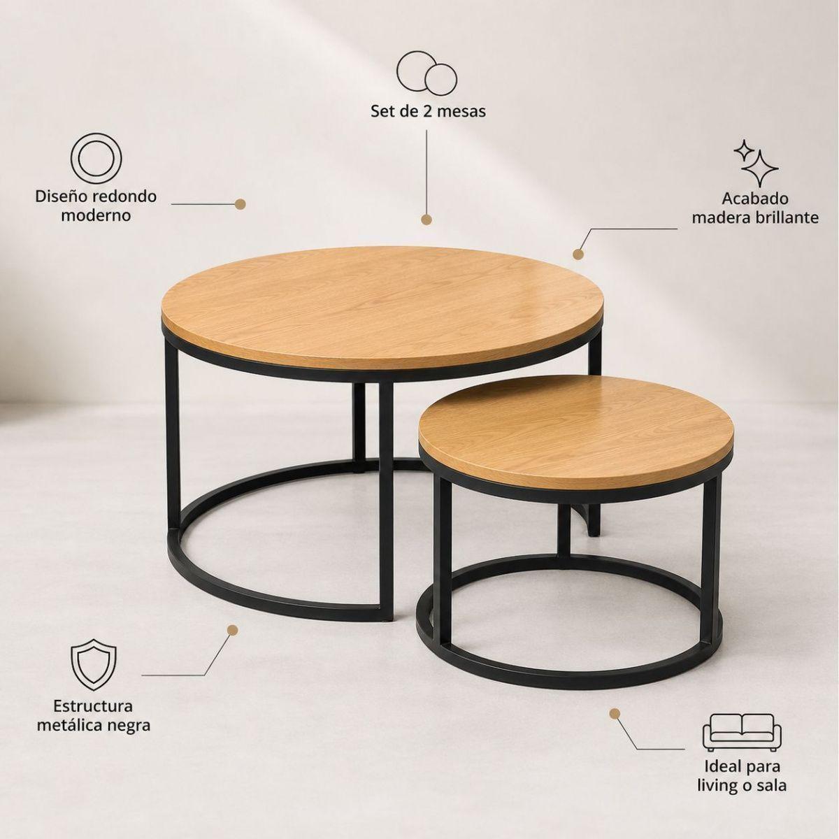 Mesa De Centro Duo Redonda Madera Brillante Estilo Moderno-3