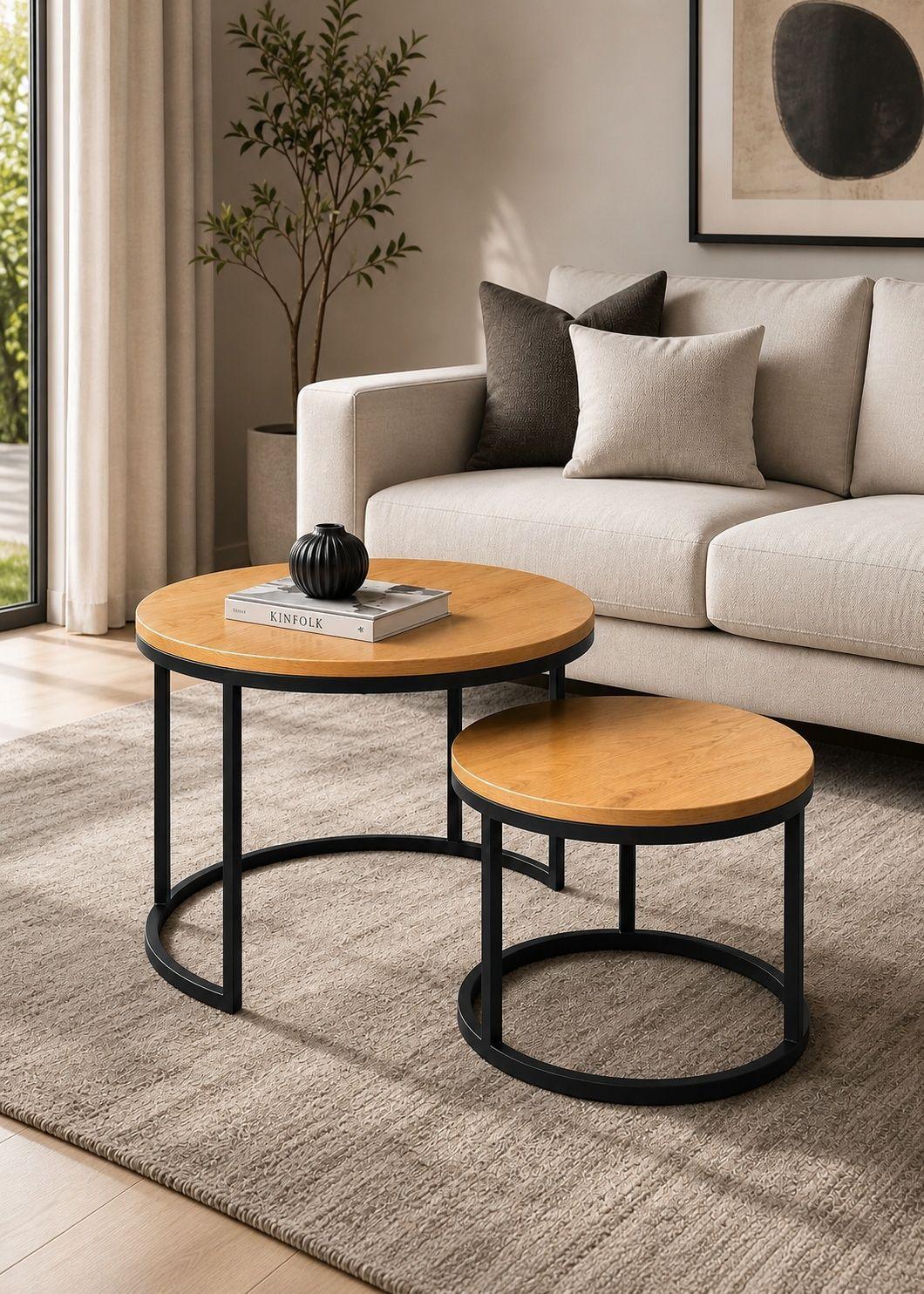 Mesa De Centro Duo Redonda Madera Brillante Estilo Moderno-5