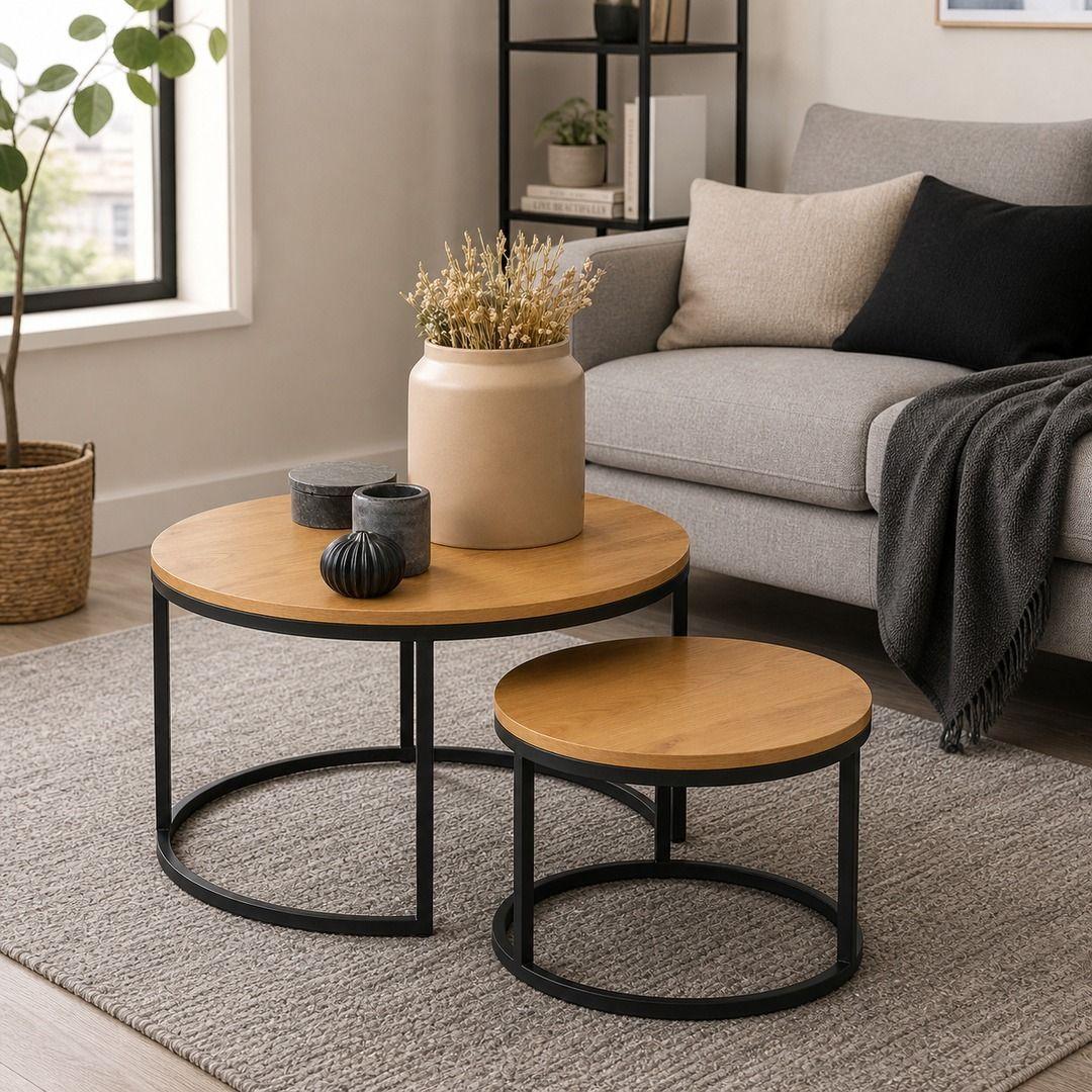 Mesa De Centro Duo Redonda Madera Brillante Estilo Moderno-6