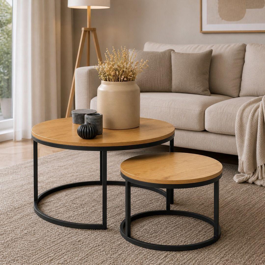 Mesa De Centro Duo Redonda Madera Brillante Estilo Moderno-7