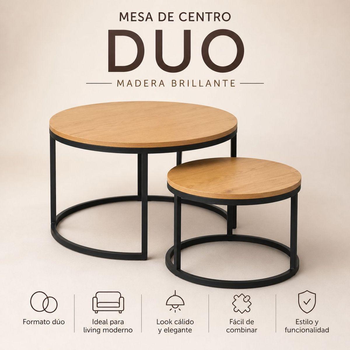 Mesa De Centro Duo Redonda Madera Brillante Estilo Moderno-8