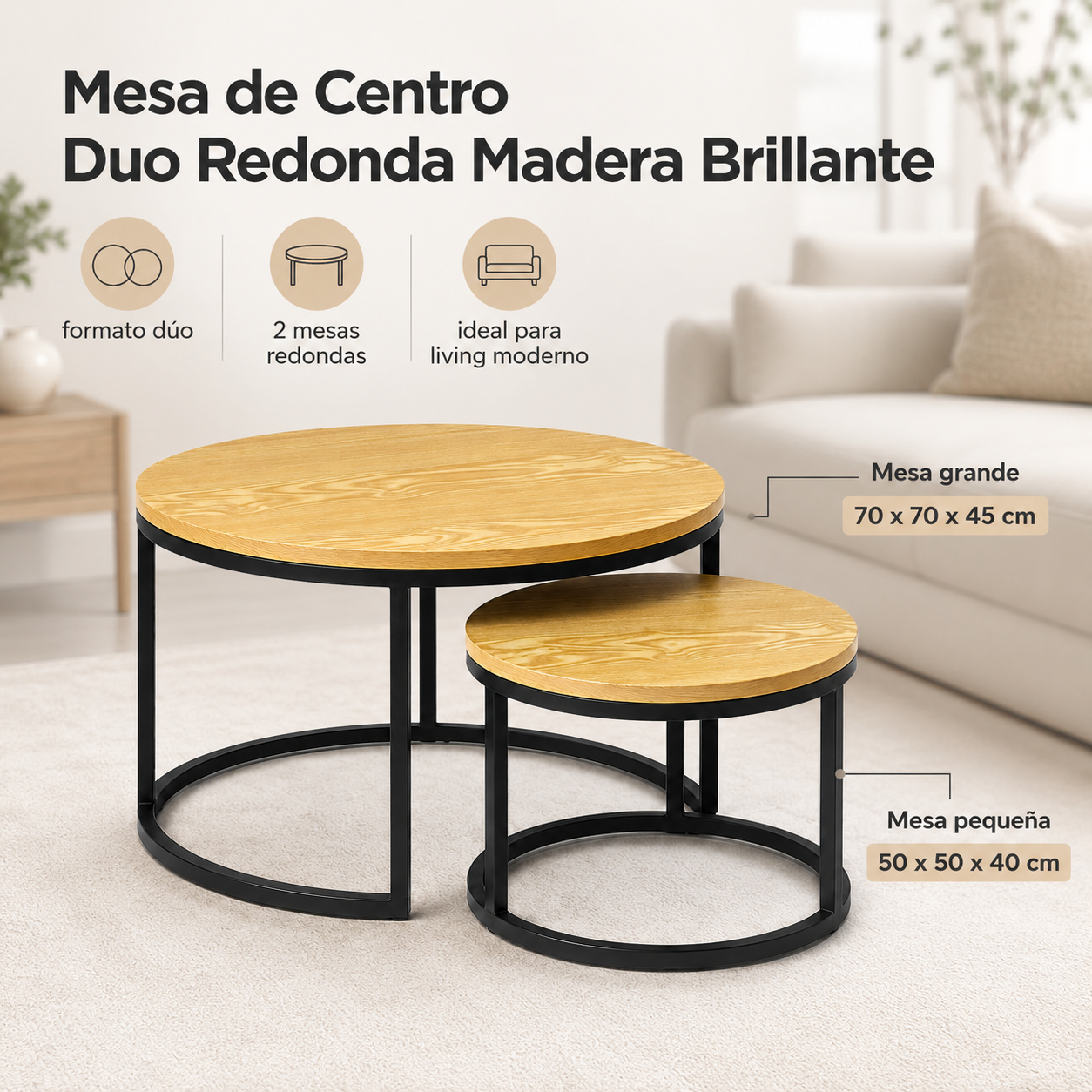 Mesa De Centro Duo Redonda Madera Brillante Estilo Moderno-5
