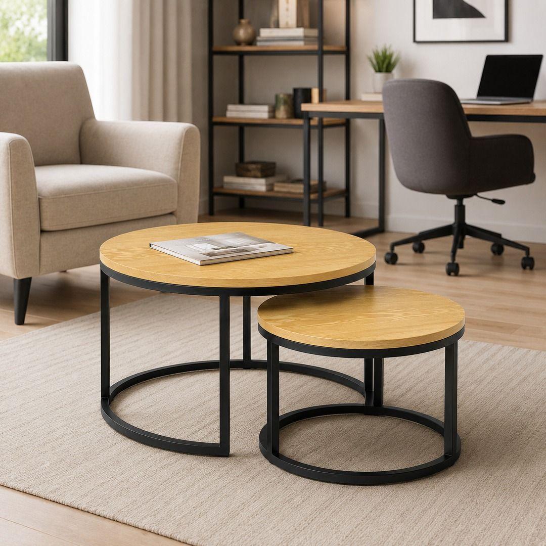 Mesa De Centro Duo Redonda Madera Brillante Estilo Moderno-6