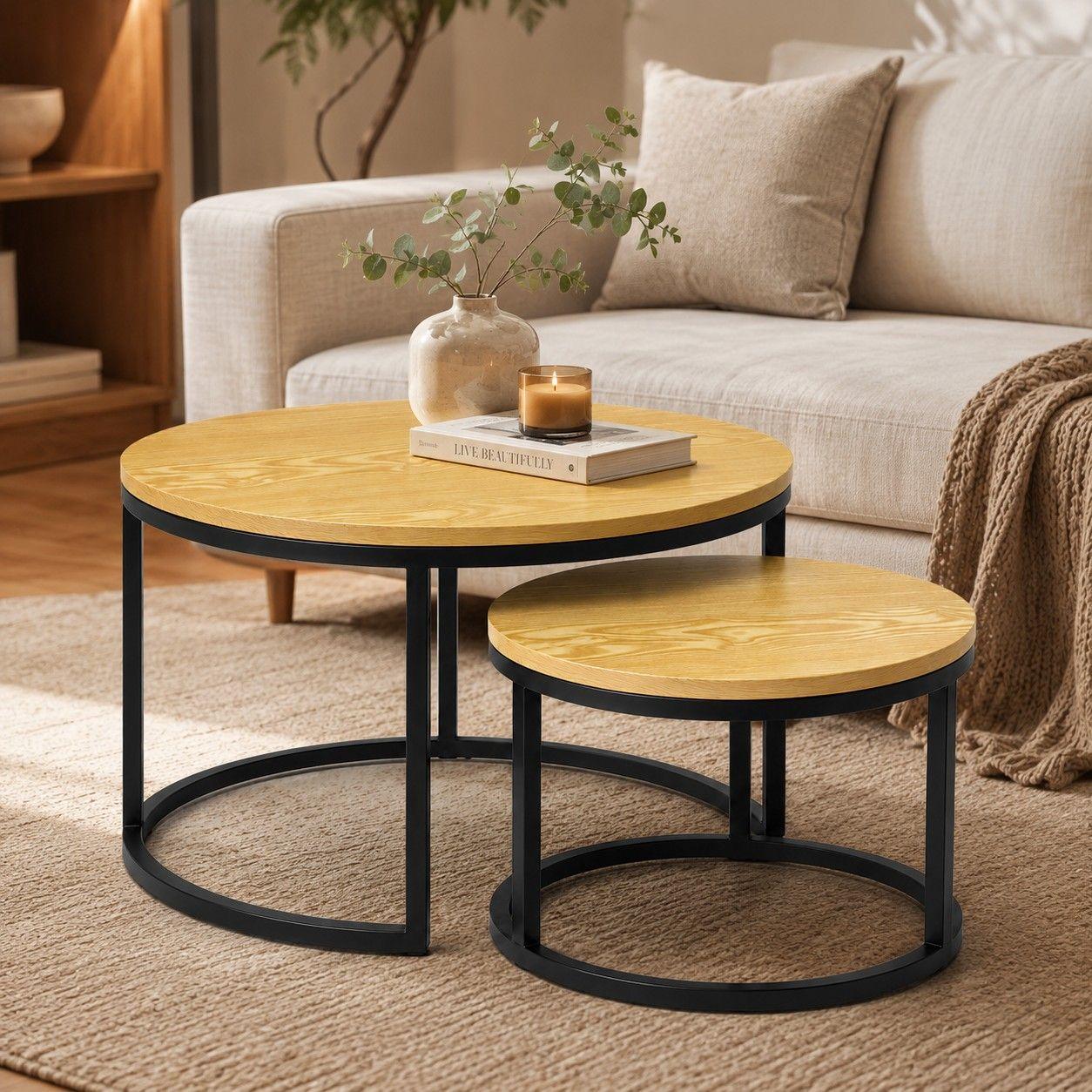 Mesa De Centro Duo Redonda Madera Brillante Estilo Moderno-7