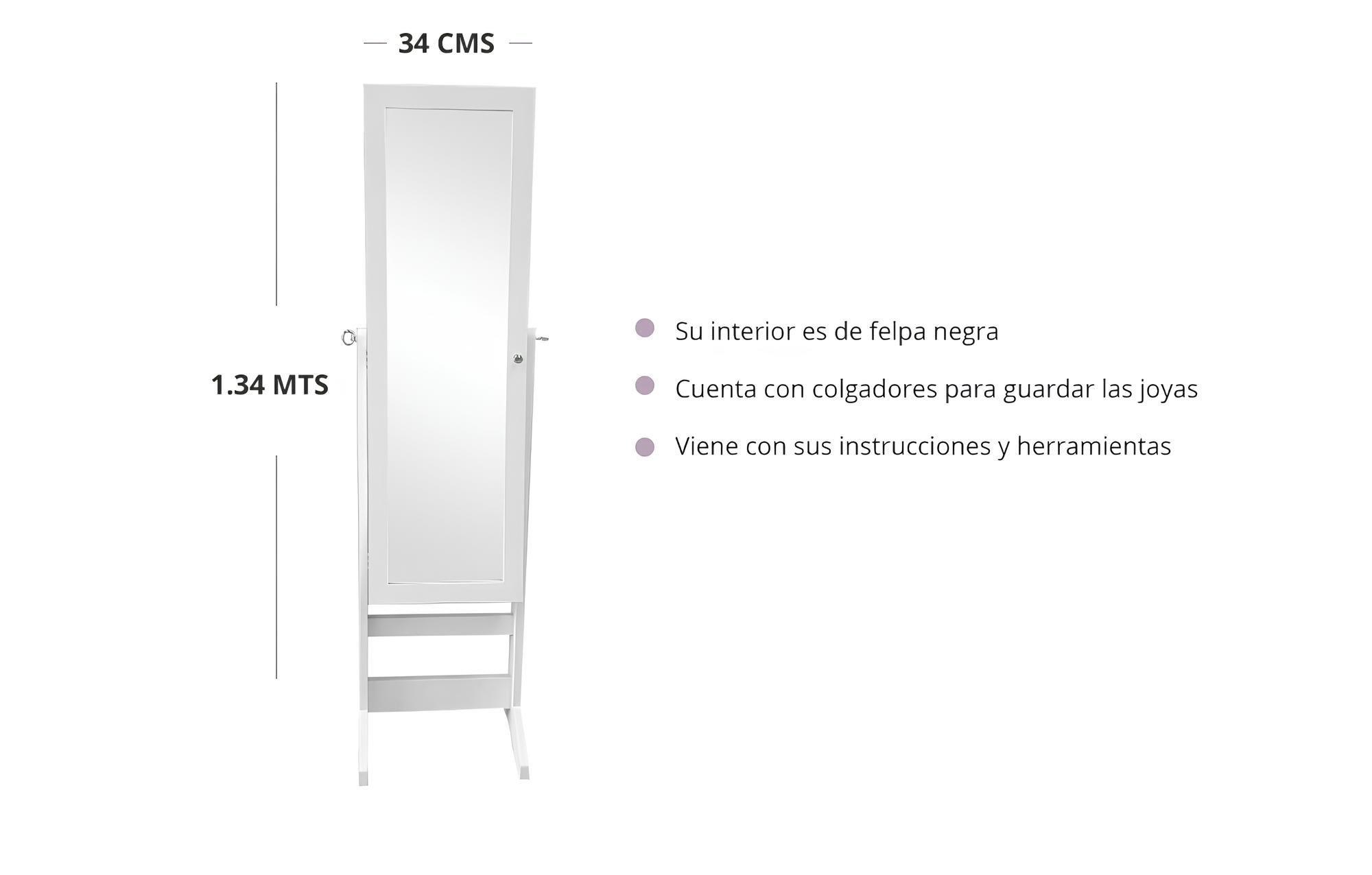 Mueble Joyero Con Espejo De Pie Blanco Organizador Grande -2