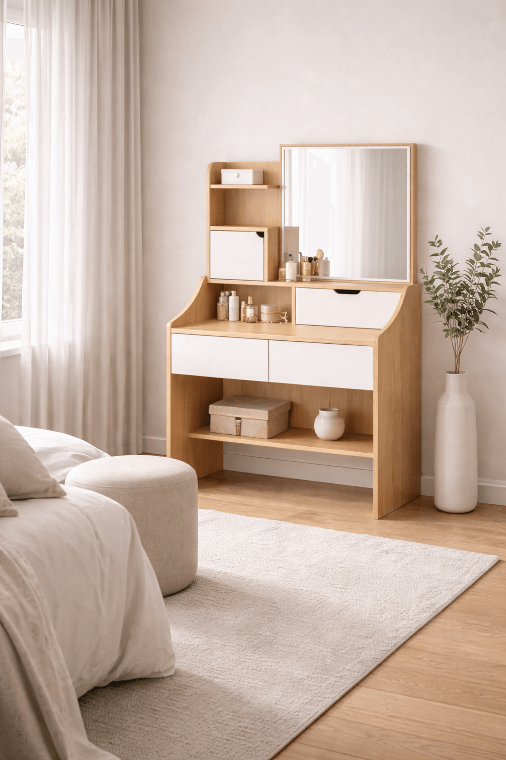 Tocador Maquillaje 80x40x130 cm Blanco Madera con Espejo-3