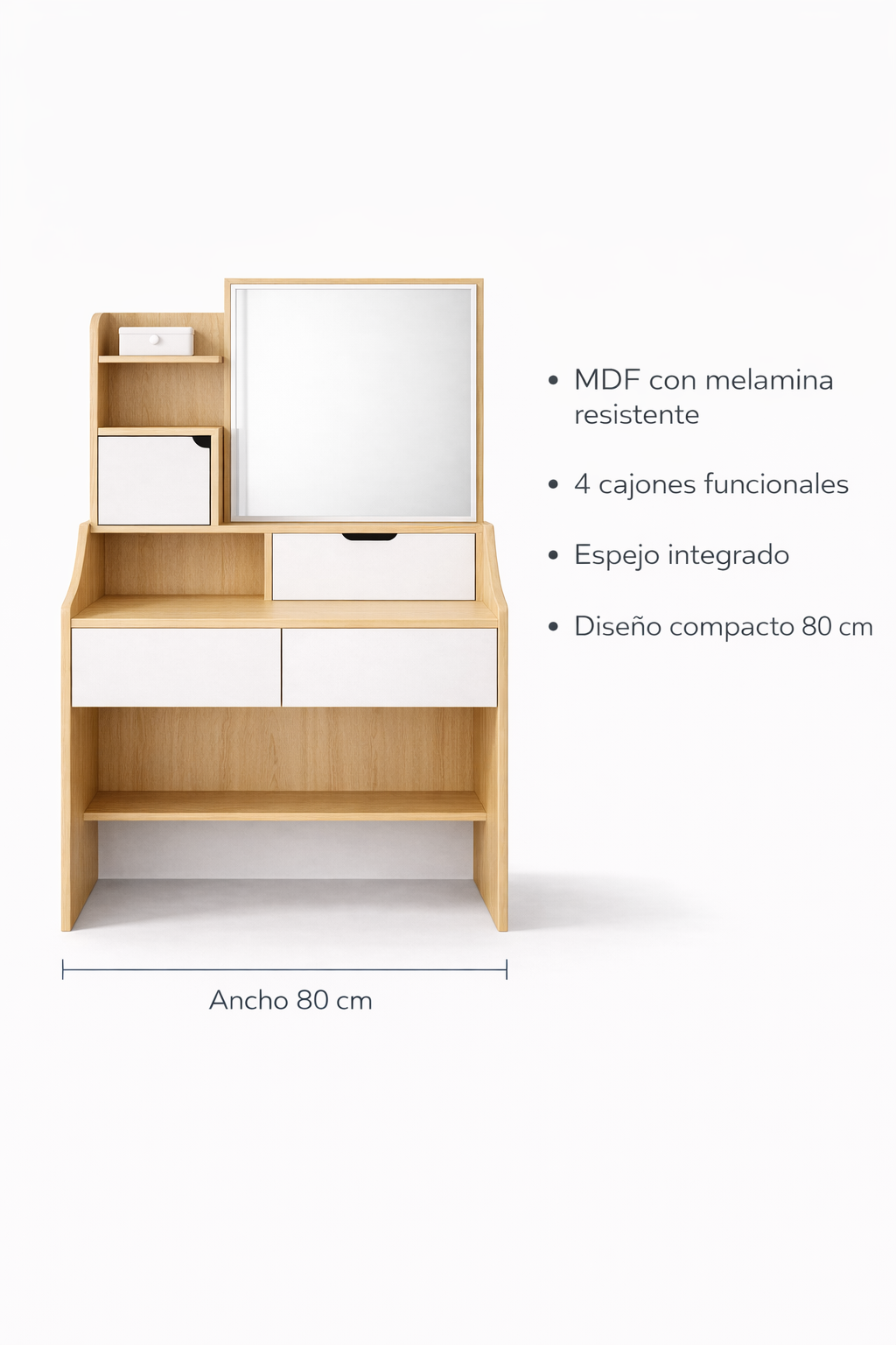 Tocador Maquillaje 80x40x130 cm Blanco Madera con Espejo-7
