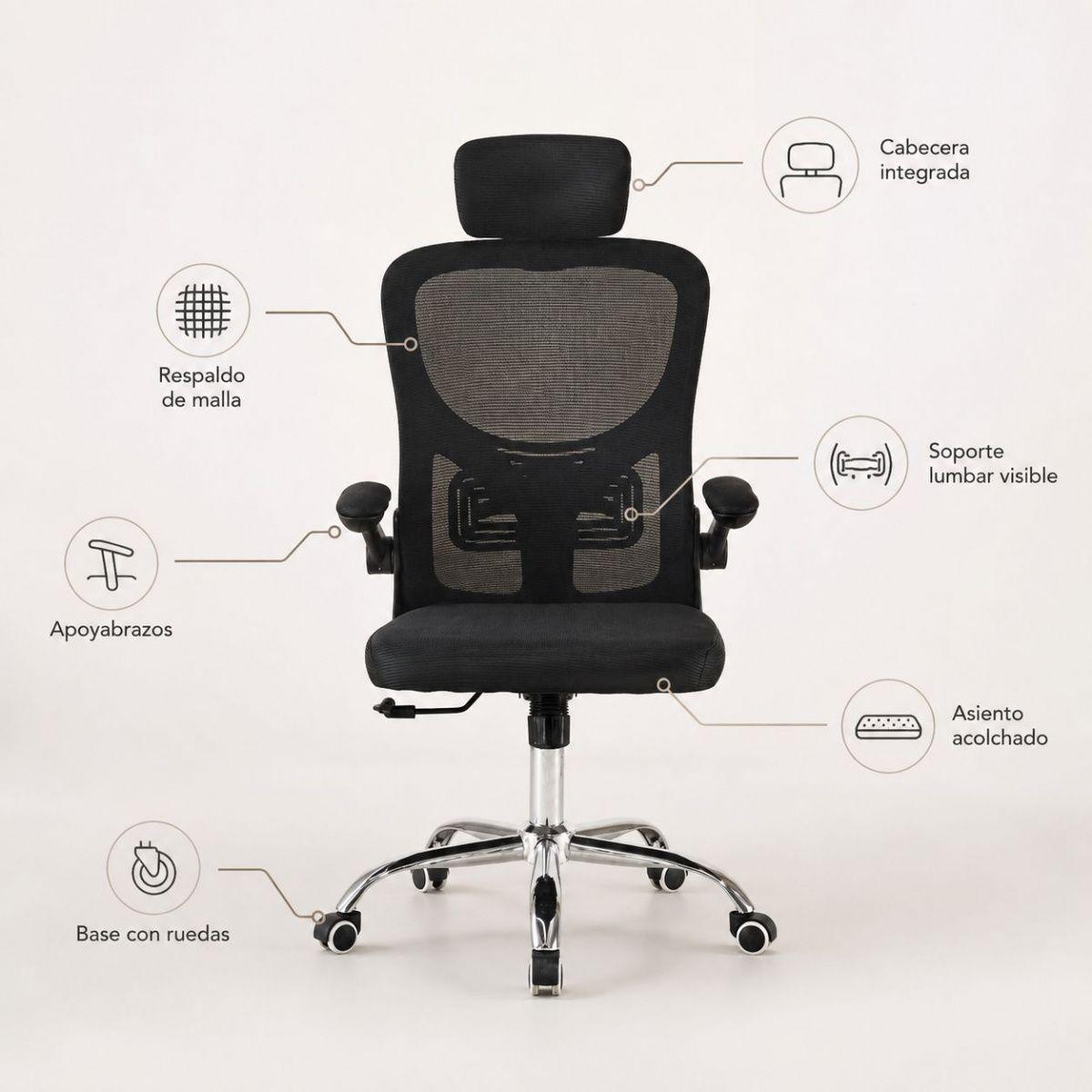 Silla De Oficina Negra Con Respaldo De Malla Y Soporte Lumbar-4