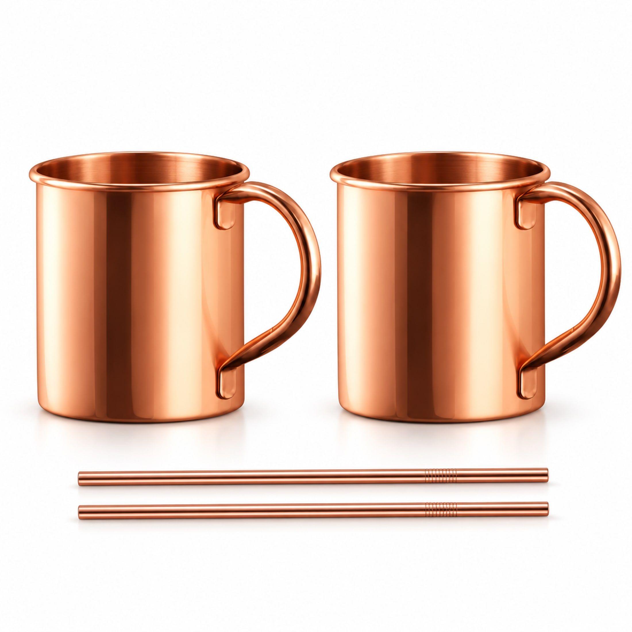 Set 2 Mugs Acero Inoxidable 430ml Cobre Con Bombillas-0