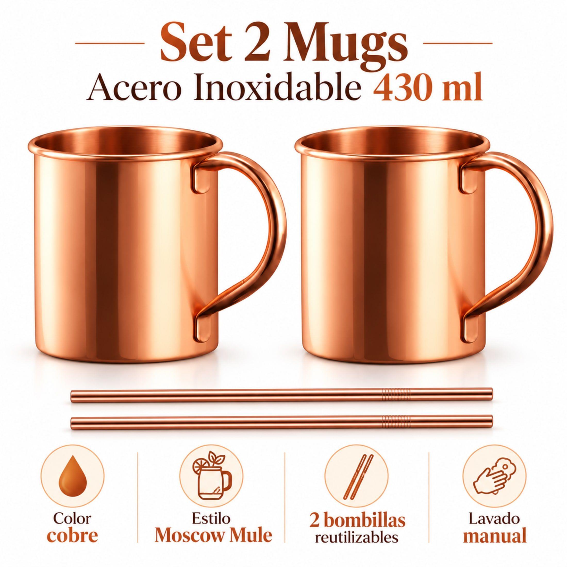 Set 2 Mugs Acero Inoxidable 430ml Cobre Con Bombillas-1