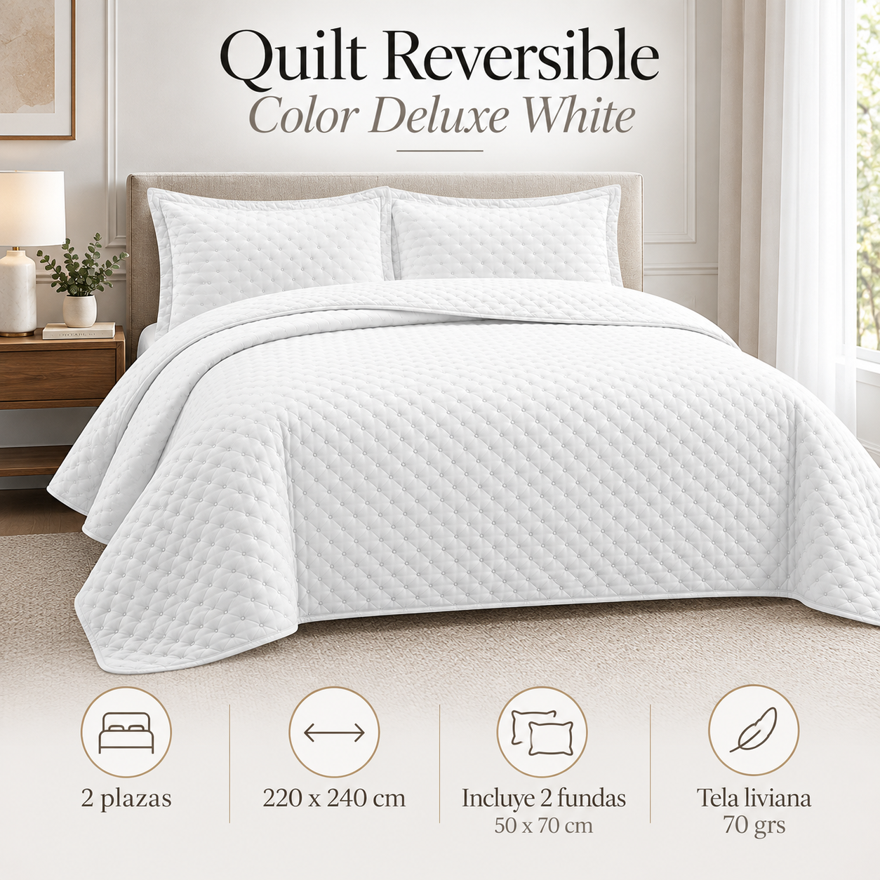 Cubrecama Verano Quilt Deluxe Queen 220x240 Cm Reversible 2 Fundas Blanco-1