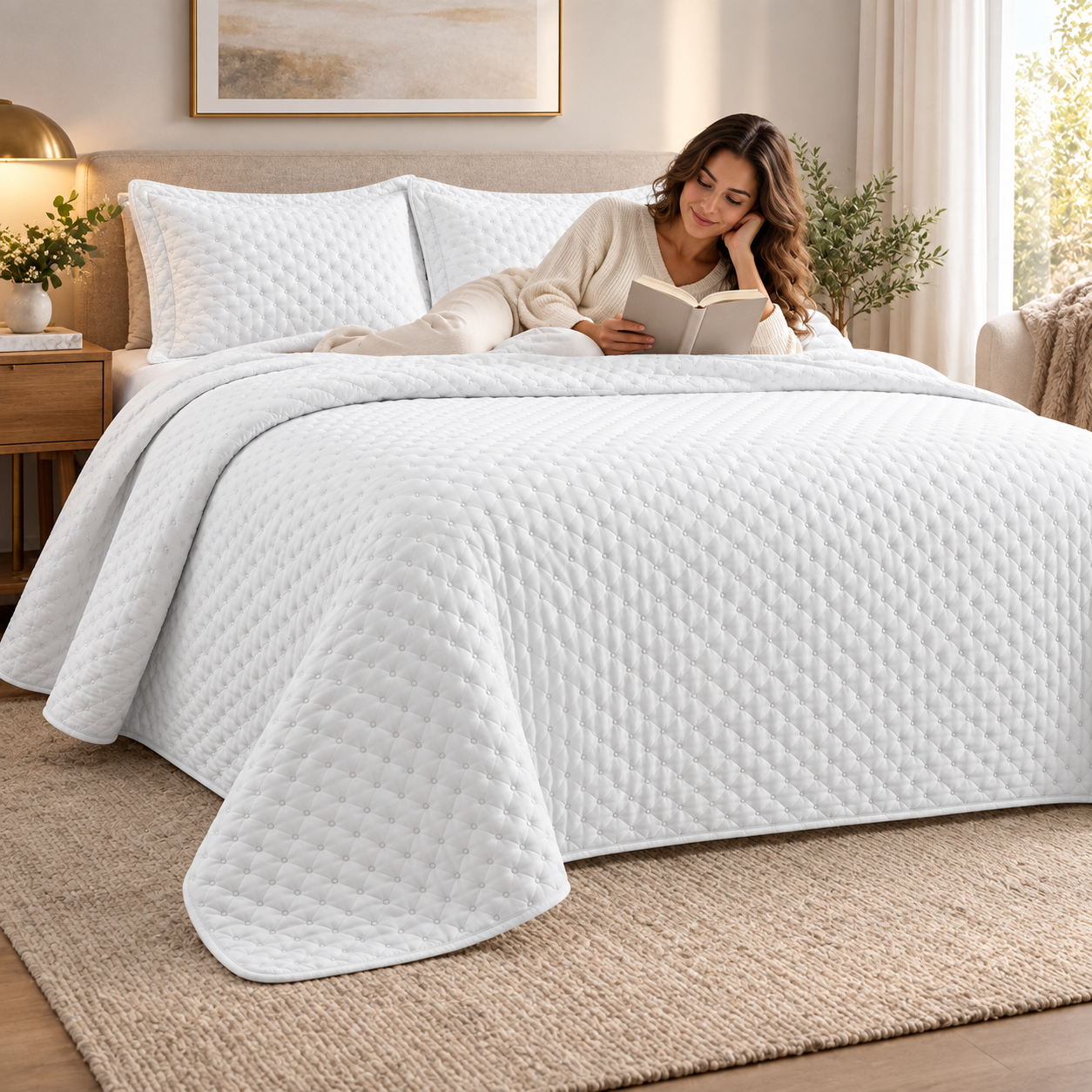 Cubrecama Verano Quilt Deluxe Queen 220x240 Cm Reversible 2 Fundas Blanco-3