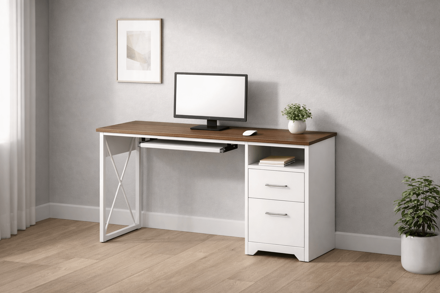 Escritorio Moderno 120 cm Nogal Blanco con Cajones y Repisa Lateral-2