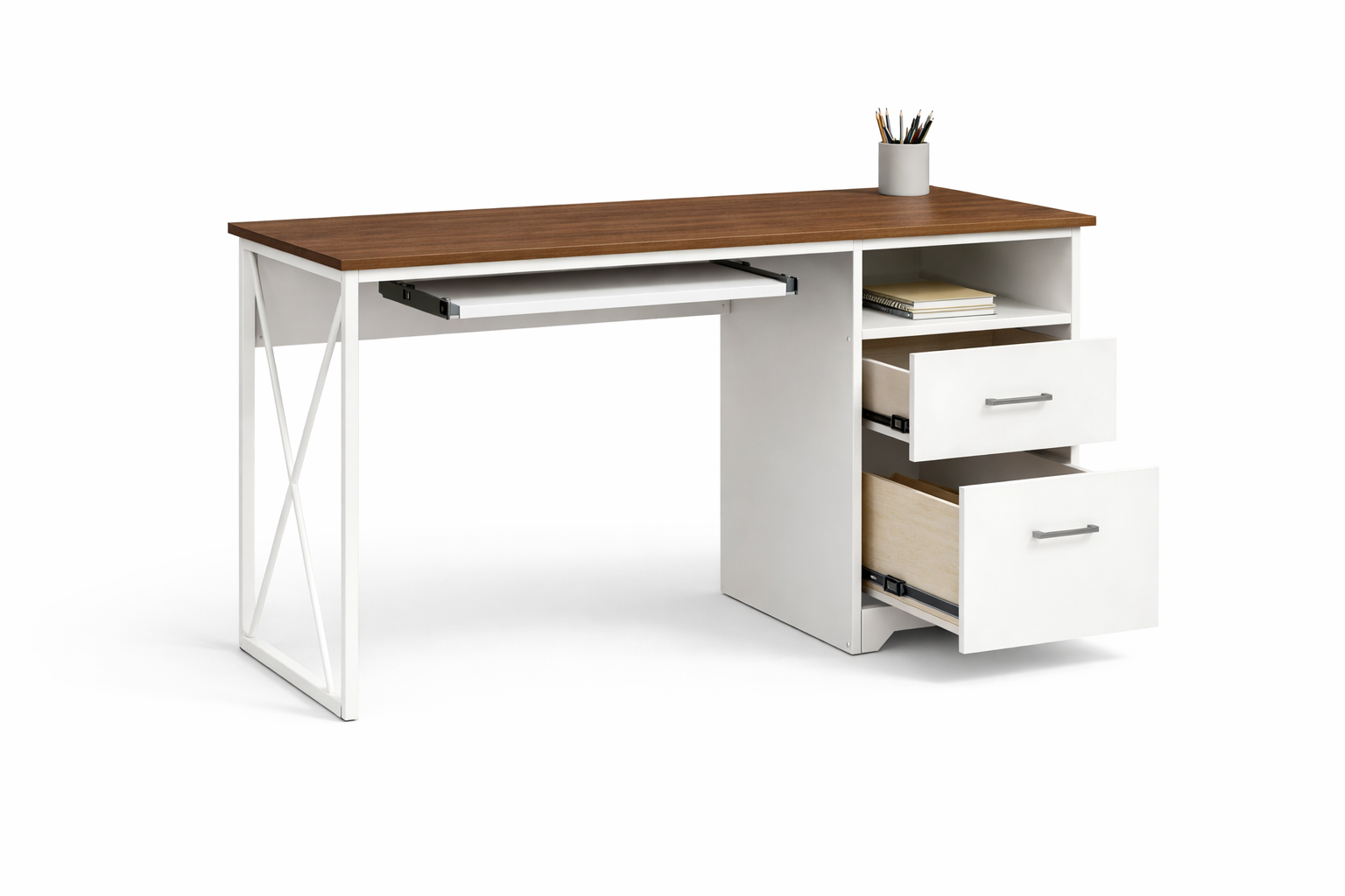 Escritorio Moderno 120 cm Nogal Blanco con Cajones y Repisa Lateral-3