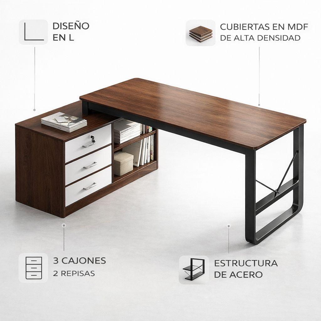 Escritorio En L Con 3 Cajones Y 2 Repisas Dark Wood-6