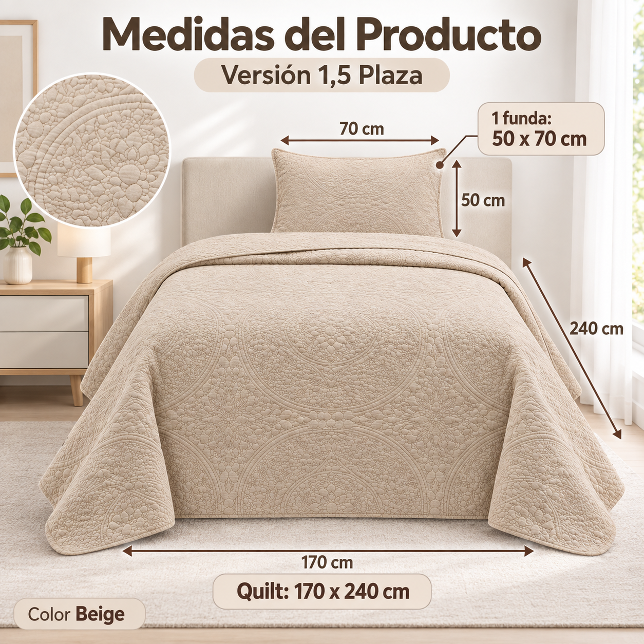 Cubrecama Verano Quilt Wonder 1.5 P 170x240 Cm Reversible 1 Funda Beige-2