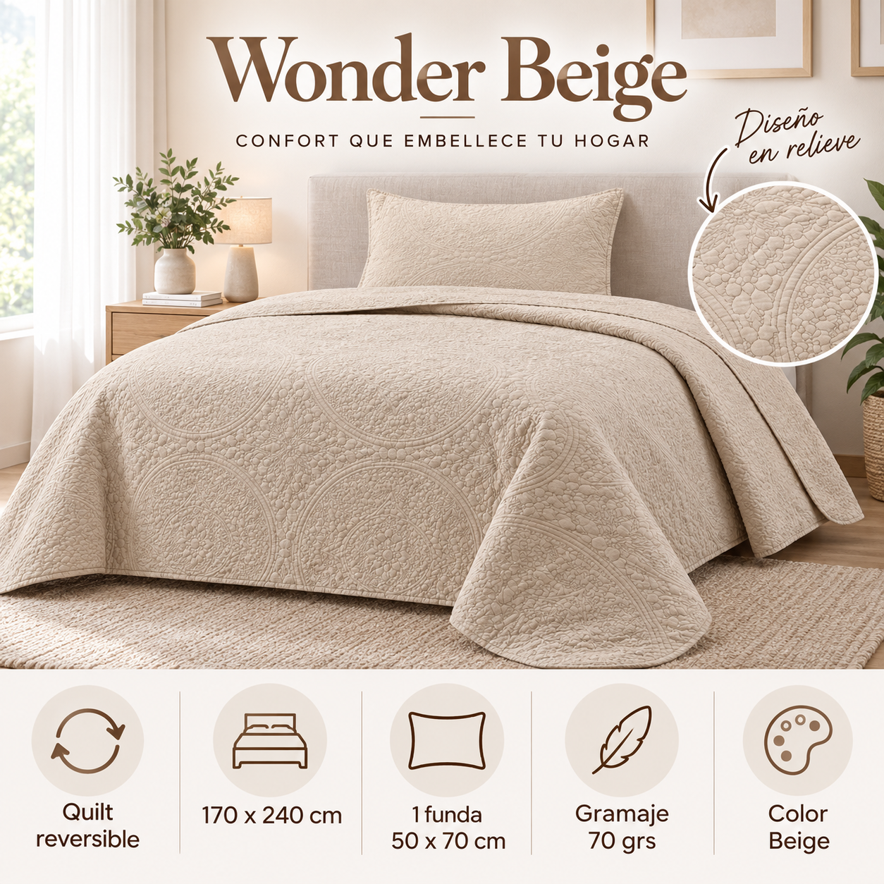 Cubrecama Verano Quilt Wonder 1.5 P 170x240 Cm Reversible 1 Funda Beige-3