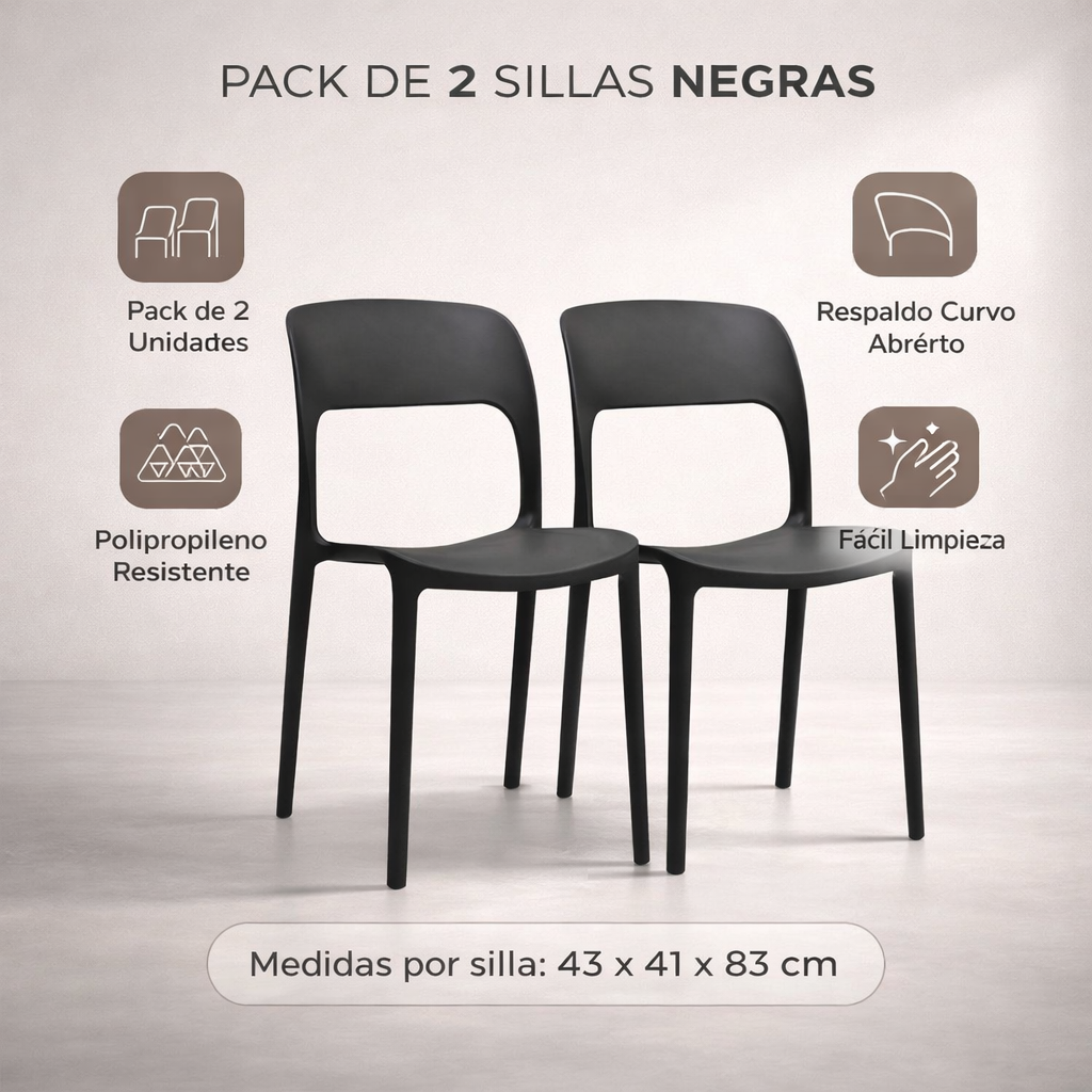 2 Sillas Modernas Negras 43x41x83 Cm Para Comedor Terraza-7