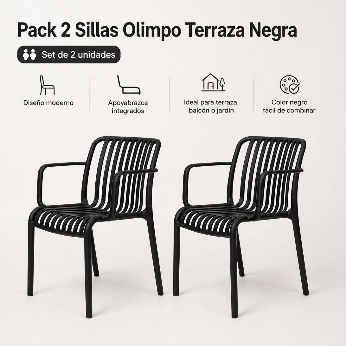 Pack 2 Sillas Terraza Negras Con Brazos Diseño Moderno-2