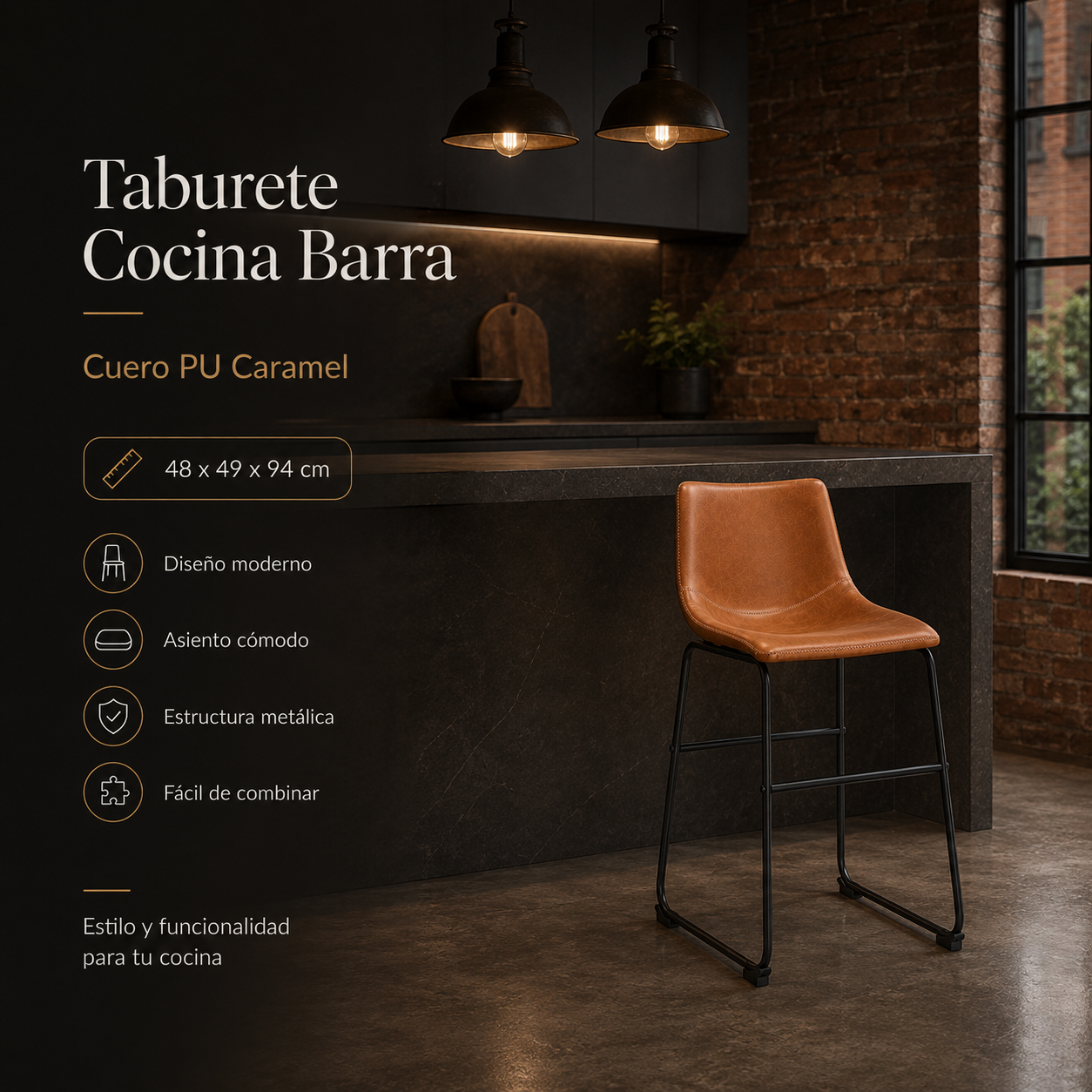 Taburete Cocina Barra Cuero Pu Caramel 48x49x94 Cm-2
