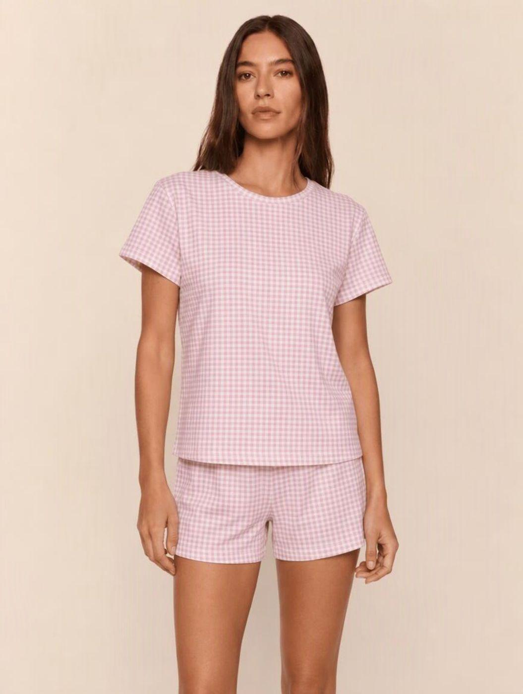 Pijama corto cuello polo vichy rosado mujer-0