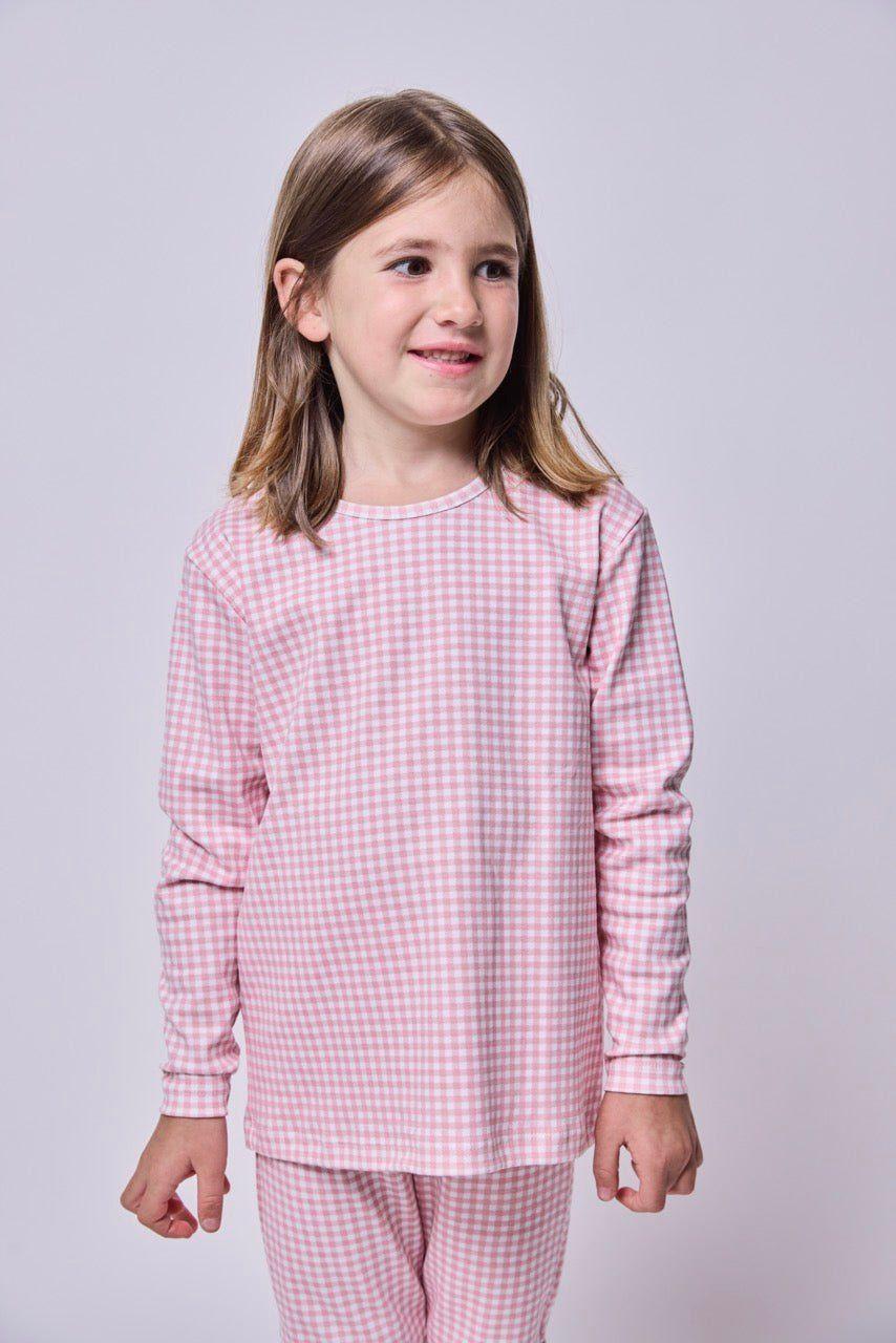 Pijama niña manga larga vichy rosado algodón pima-2