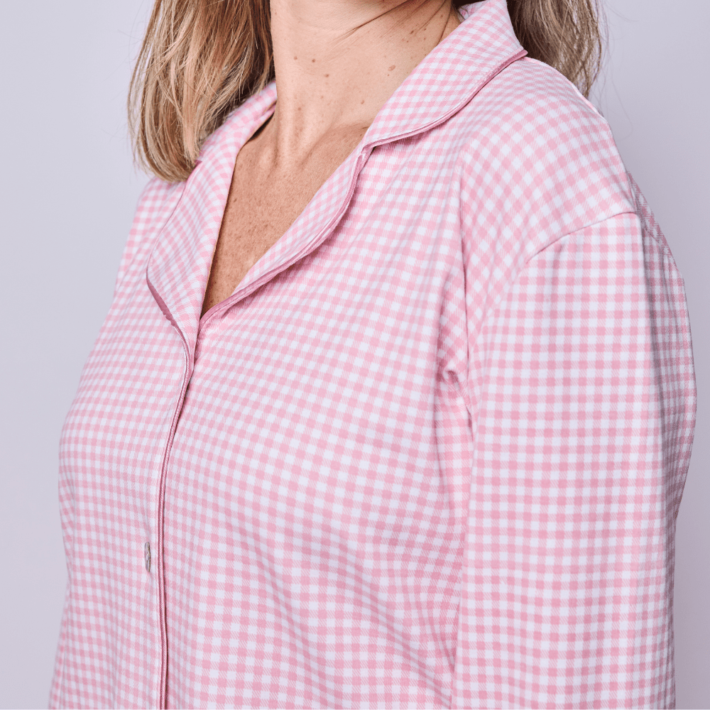 Pijama mujer manga larga vichy rosado con blusa algodón pima-2
