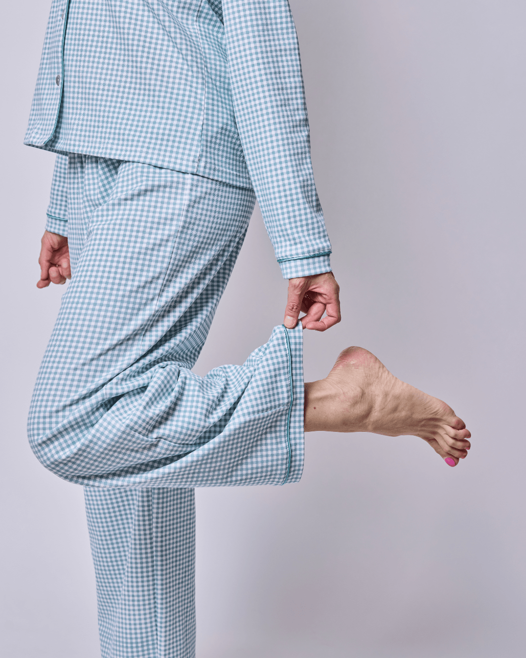 Pijama mujer manga larga con blusa vichy verde algodón pima-2