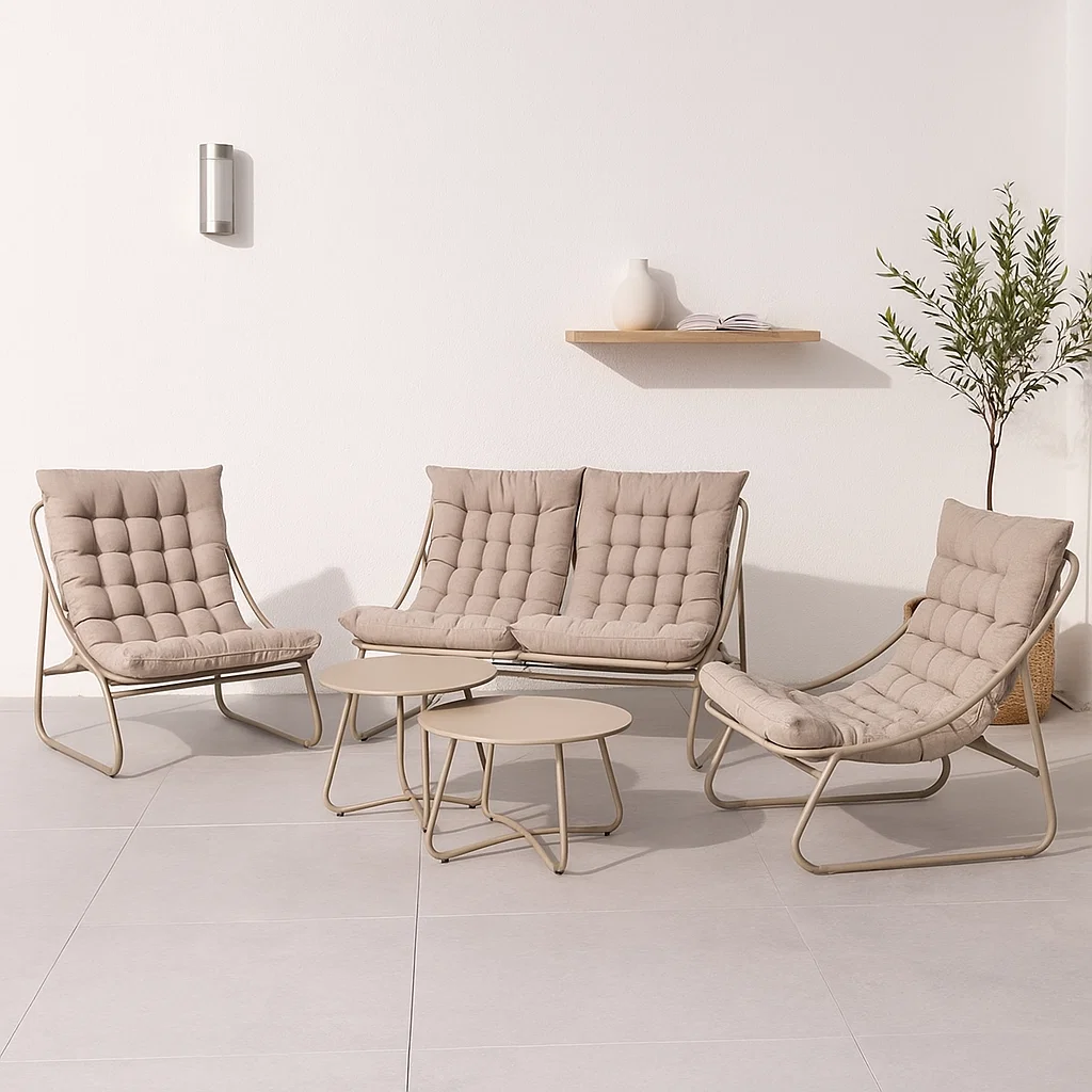 JUEGO DE TERRAZA ACOLCHADO BEIGE - 4 PUESTOS CON MESAS CENTRO-5