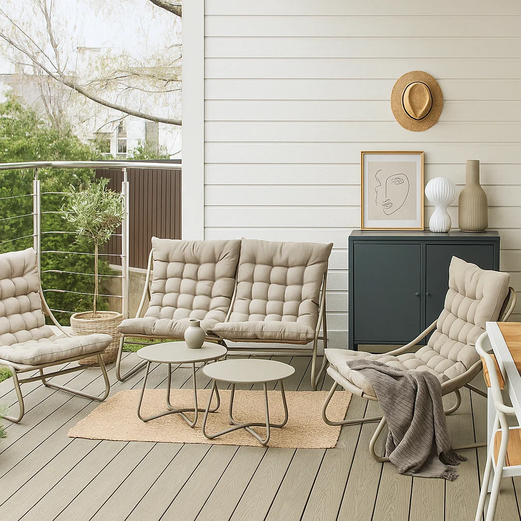 JUEGO DE TERRAZA ACOLCHADO BEIGE - 4 PUESTOS CON MESAS CENTRO-2