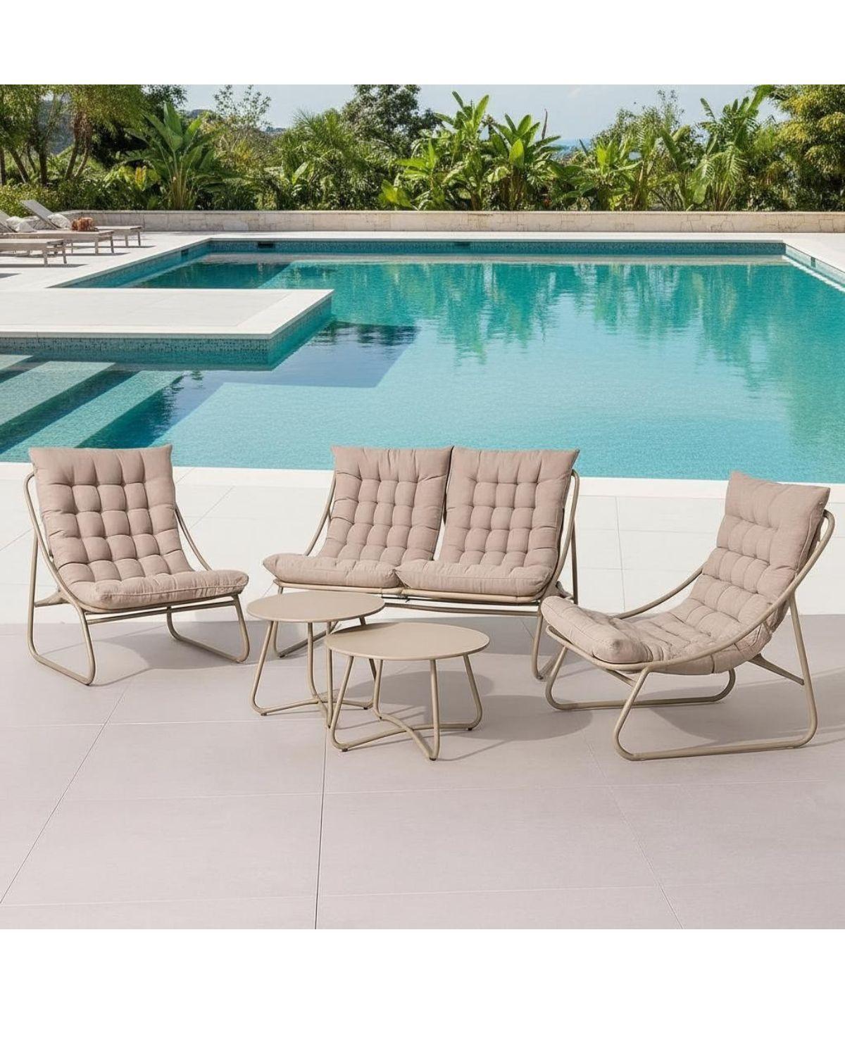 JUEGO DE TERRAZA ACOLCHADO BEIGE - 4 PUESTOS CON MESAS CENTRO-6