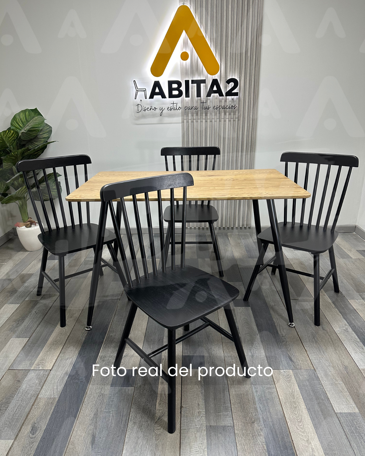COMEDOR PIMA MESA CON PATAS NEGRAS 120X75CM RECTANGULAR + 4 SILLAS WINDSOR MADERA-4
