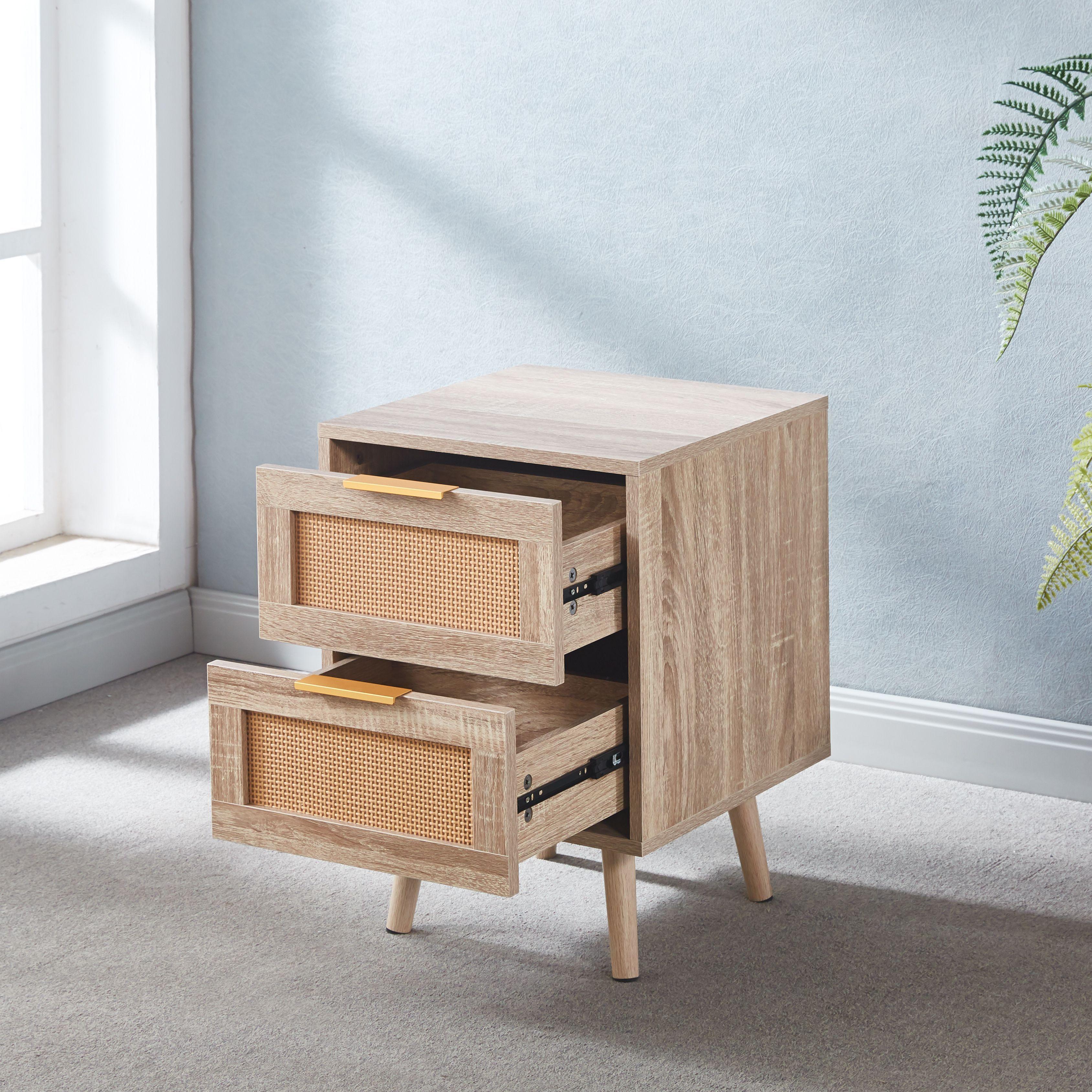 VELADOR WOOD BROWN 2 CAJONES Y RATTAN - MESA DE NOCHE-2