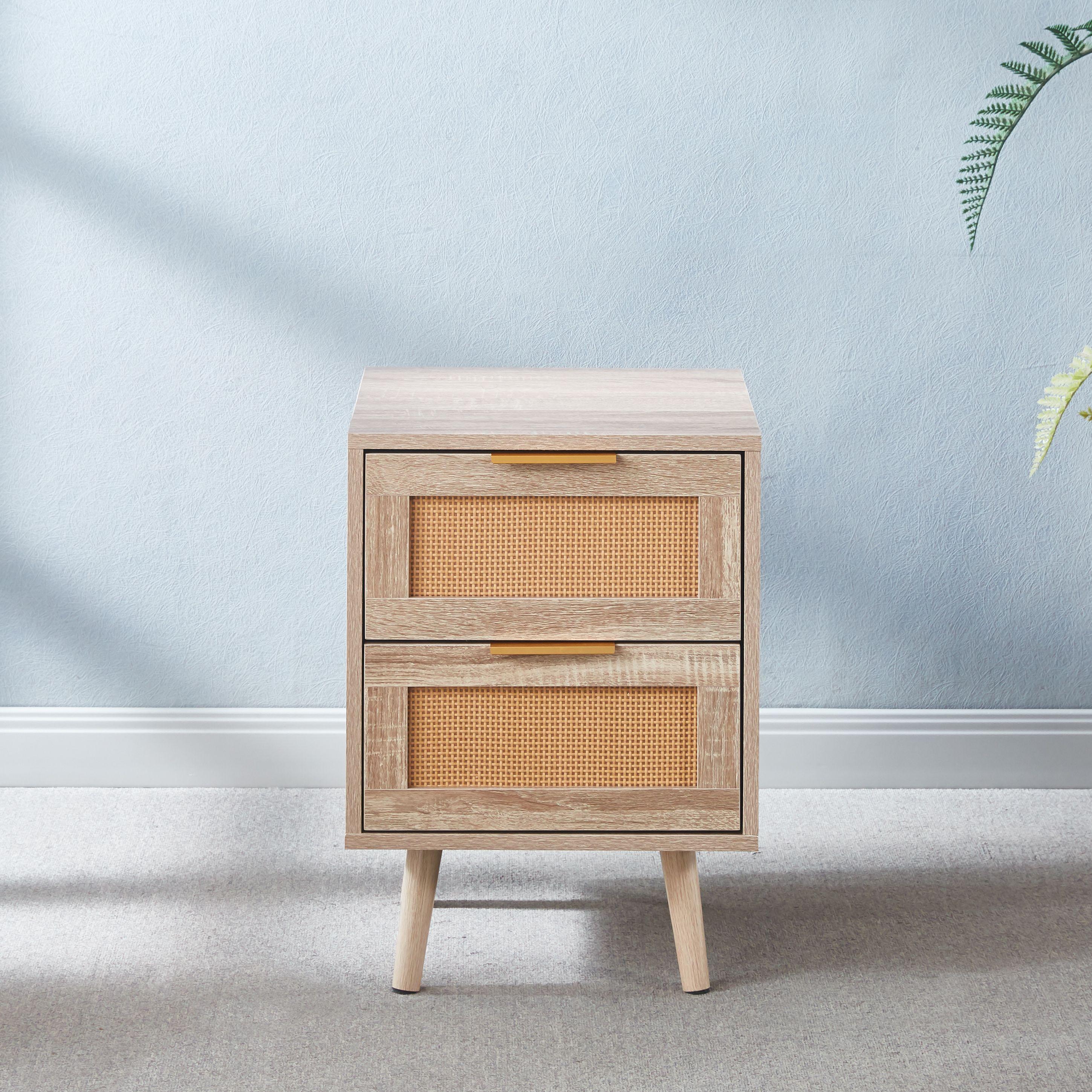 VELADOR WOOD BROWN 2 CAJONES Y RATTAN - MESA DE NOCHE-3