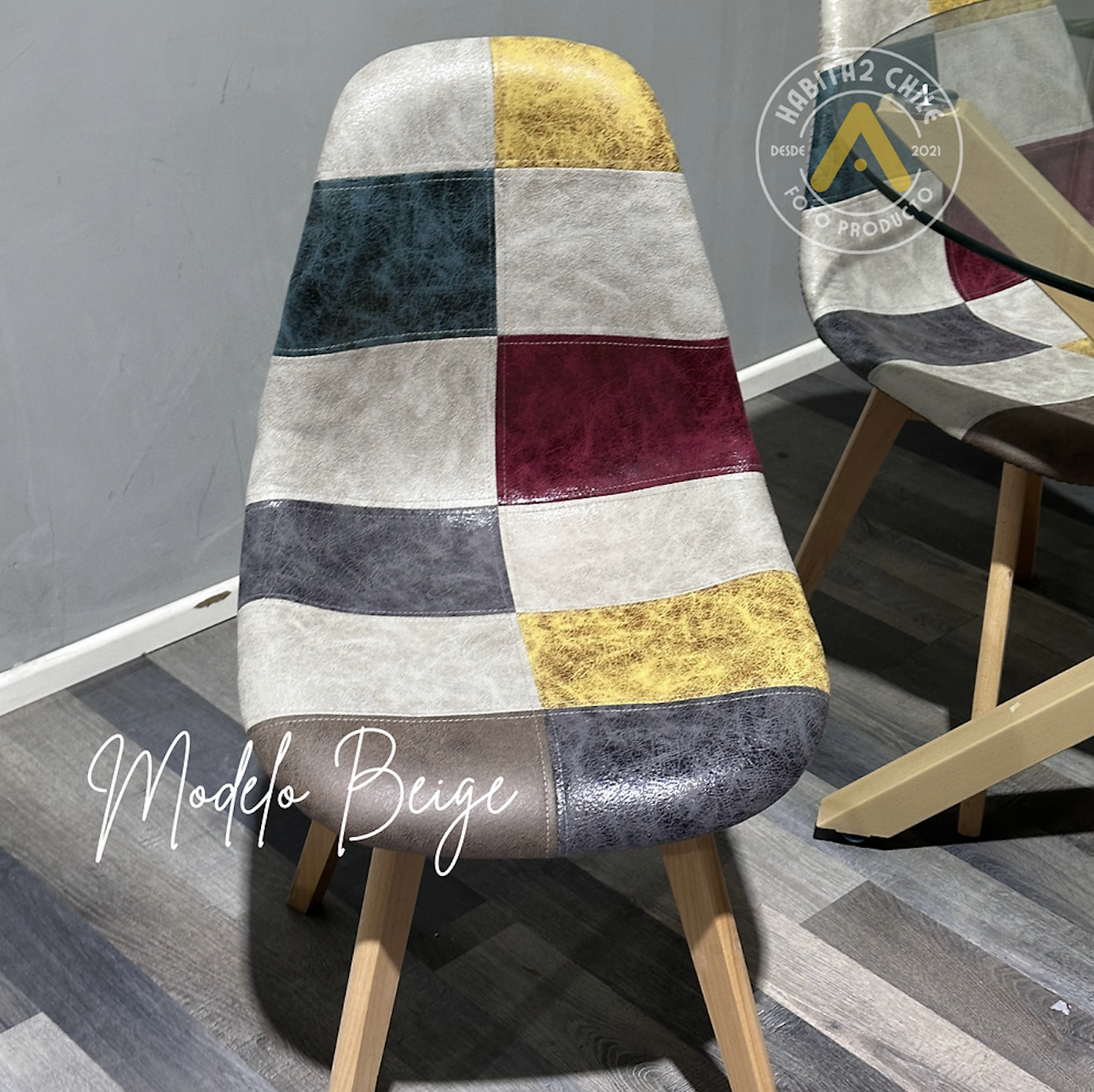 PACK 4 SILLAS CAPITONE PATCHWORK WOOD CUERO PARA COMEDOR VINTAGE-2