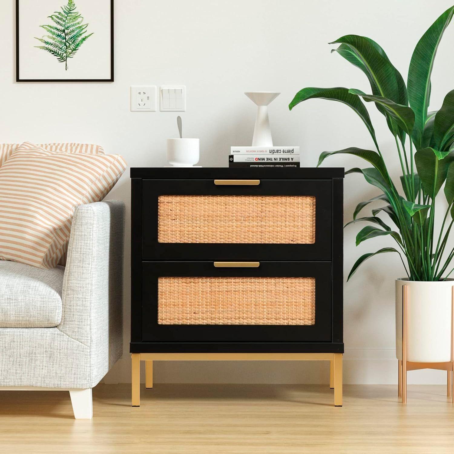 PACK 2 VELADORES MODERNO MESA DE NOCHE BLACK CON RATTAN-3