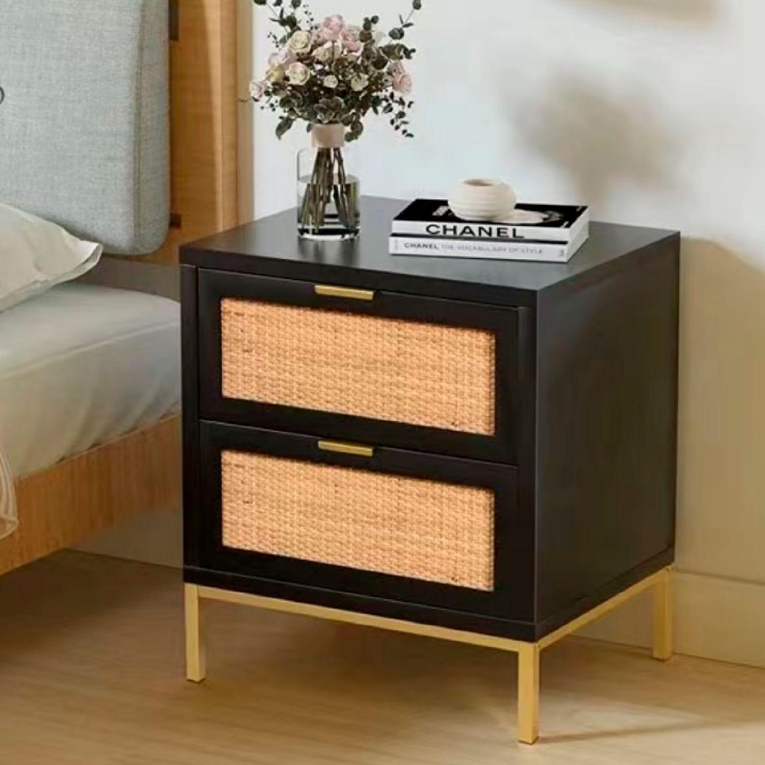 PACK 2 VELADORES MODERNO MESA DE NOCHE BLACK CON RATTAN-5