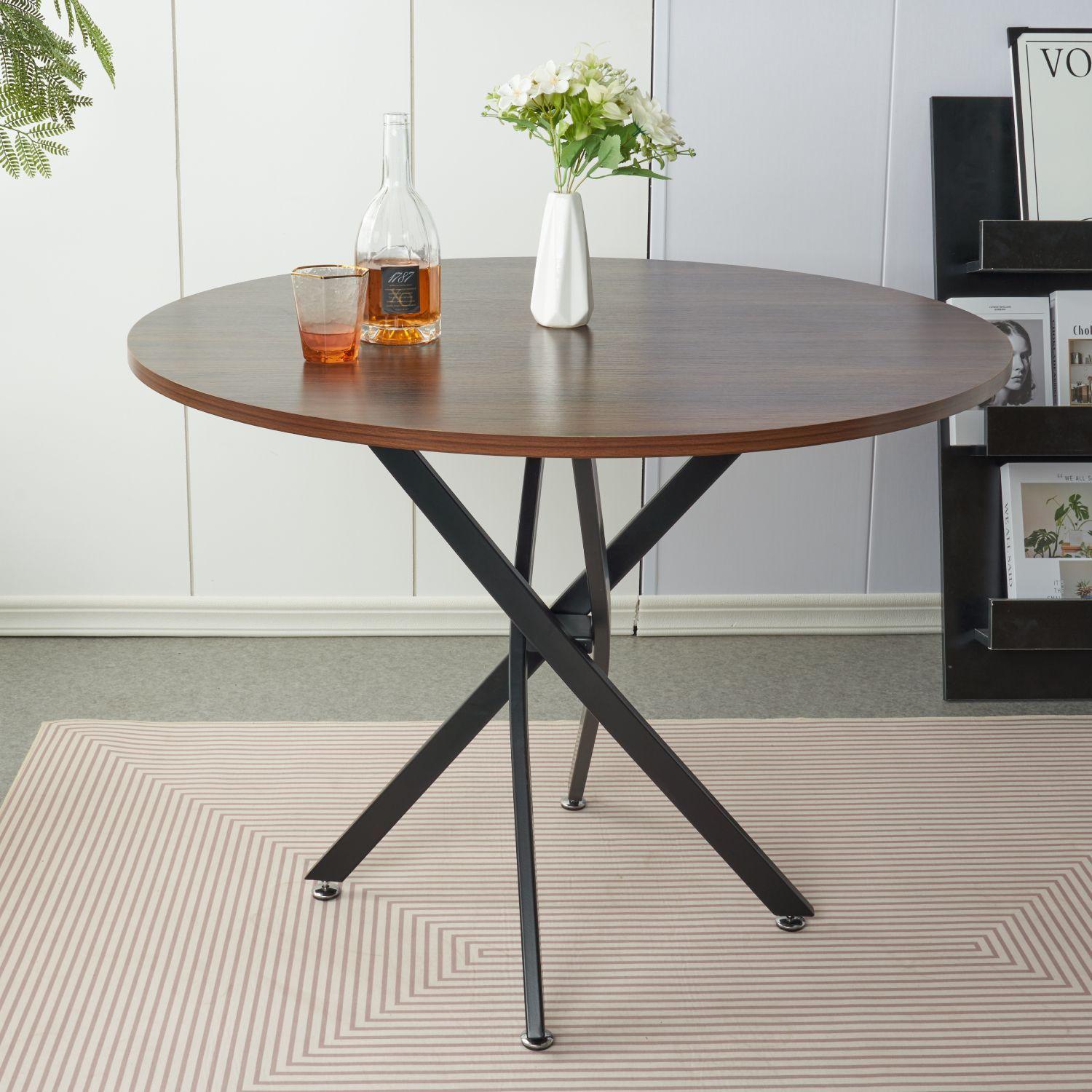 MESA DE COMEDOR REDONDA SUPERFICIE DE MDF Y MELAMINA INDUSTRIAL CROS 100CM CON BASE METALICA NEGRA-2