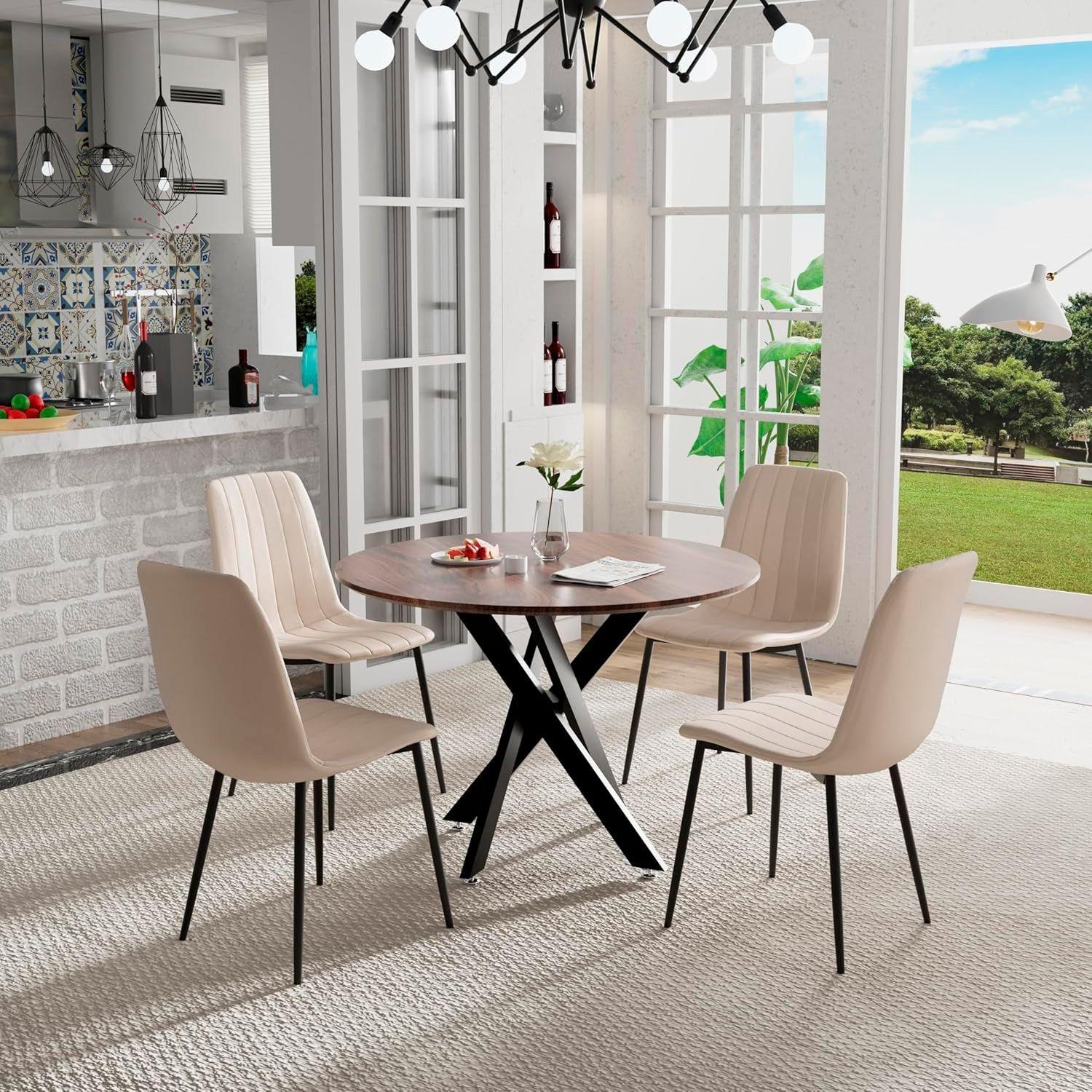 MESA DE COMEDOR REDONDA SUPERFICIE DE MDF Y MELAMINA INDUSTRIAL CROS 100CM CON BASE METALICA NEGRA-3