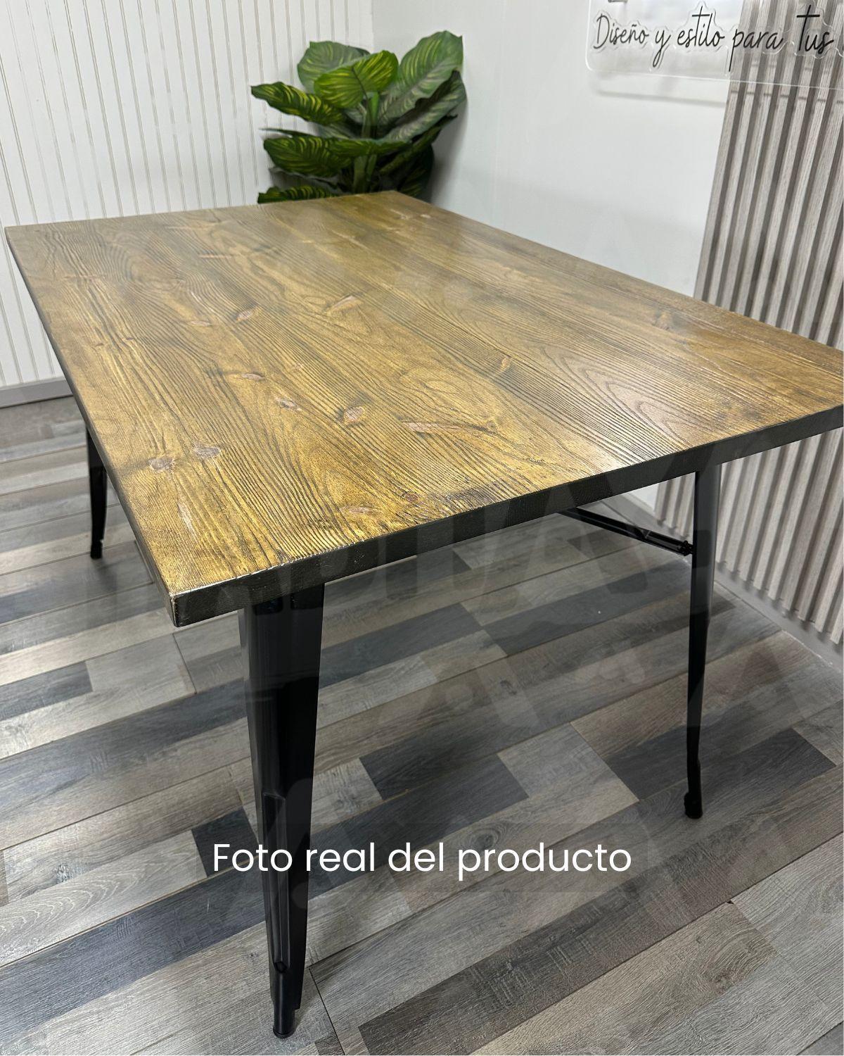 MESA TOLIX CUBIERTA DE MADERA EXTERIOR RECTANGULAR 140CM PATAS METALICAS RESISTENTES-2